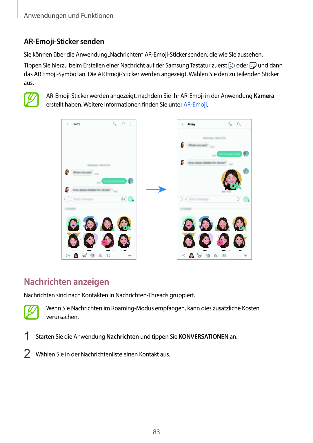 Samsung SM-G960FZBADBT, SM-G960FZPDDBT, SM-G960FZAHDBT, SM-G960FZBDDBT manual Nachrichten anzeigen, AR-Emoji-Sticker senden 