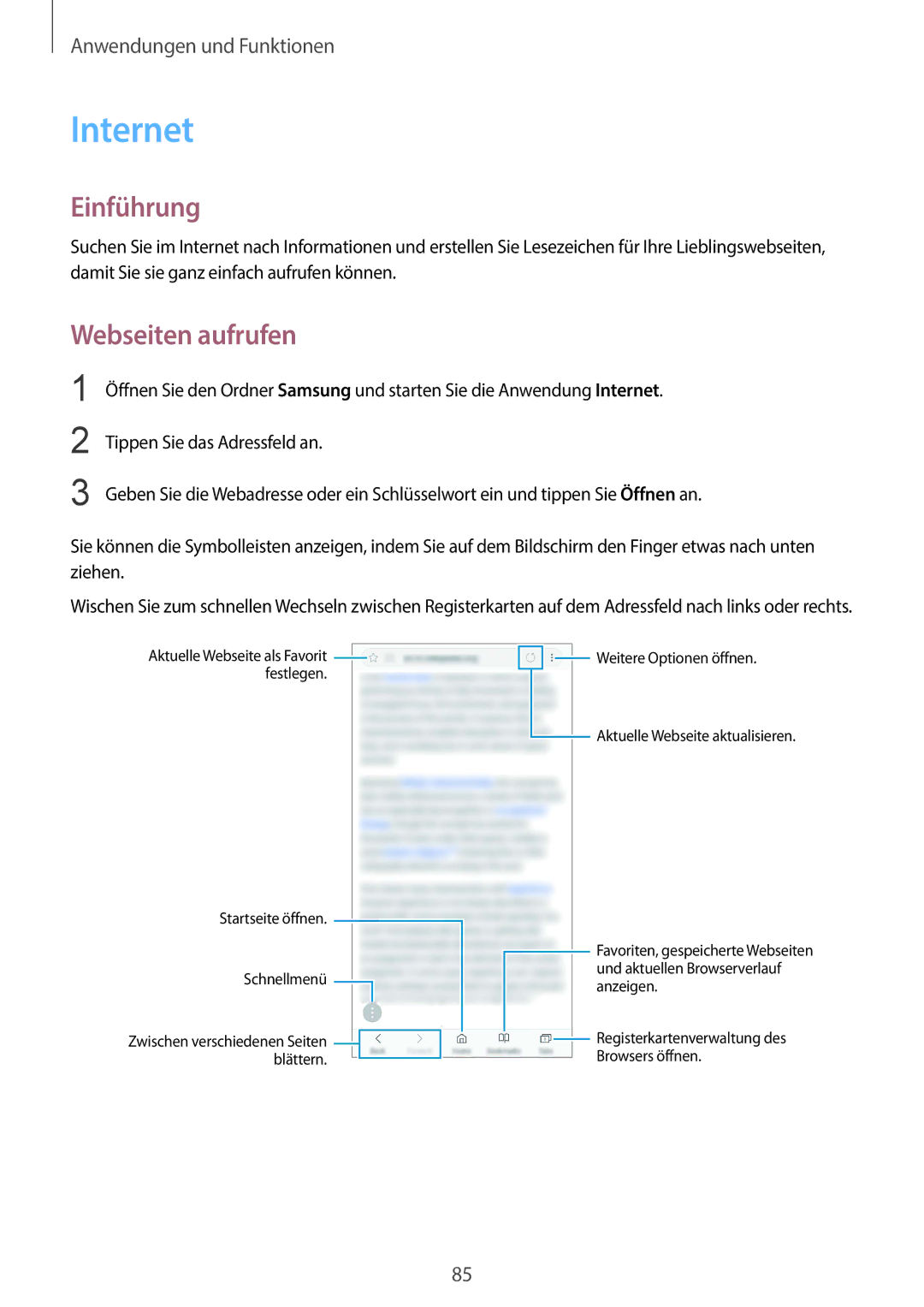 Samsung SM-G965FZKADBT, SM-G960FZPDDBT, SM-G960FZAHDBT, SM-G960FZBDDBT, SM-G960FZBADBT manual Internet, Webseiten aufrufen 