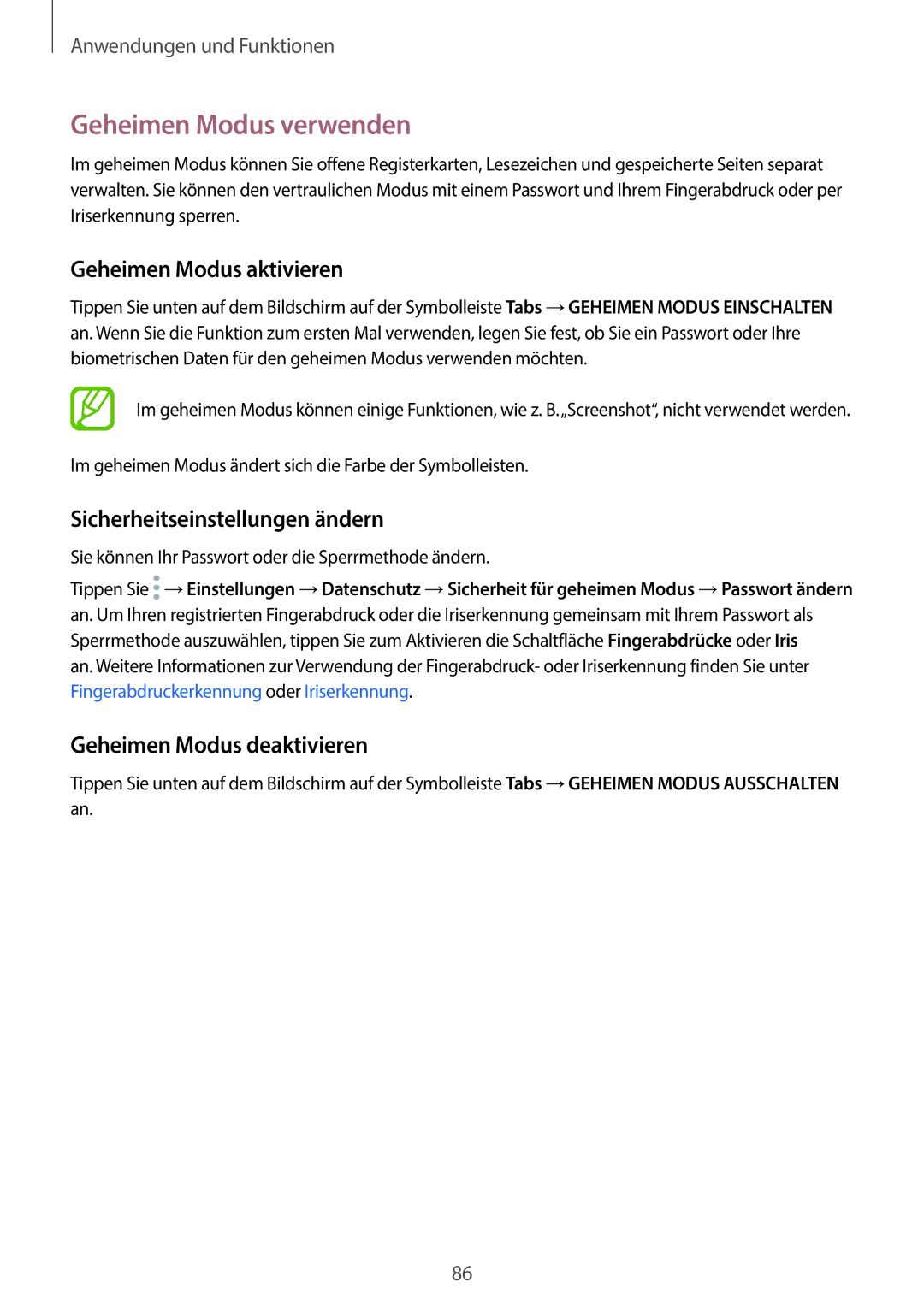 Samsung SM-G965FZBADBT manual Geheimen Modus verwenden, Geheimen Modus aktivieren, Sicherheitseinstellungen ändern 