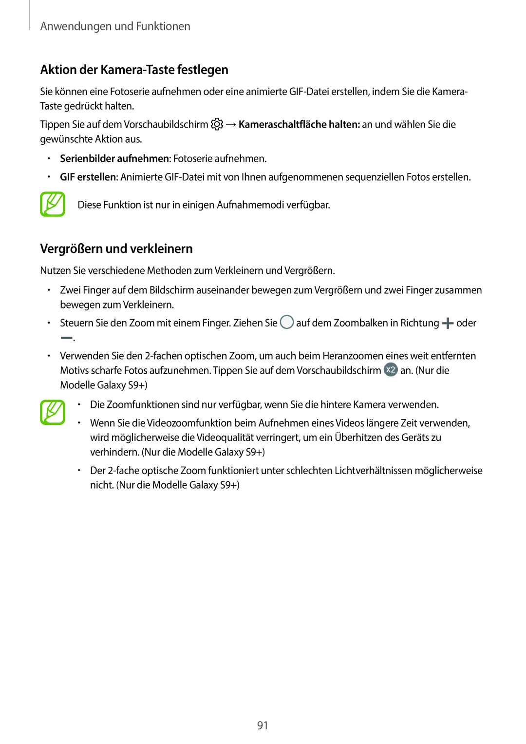 Samsung SM-G965FZAHDBT, SM-G960FZPDDBT, SM-G960FZAHDBT manual Aktion der Kamera-Taste festlegen, Vergrößern und verkleinern 