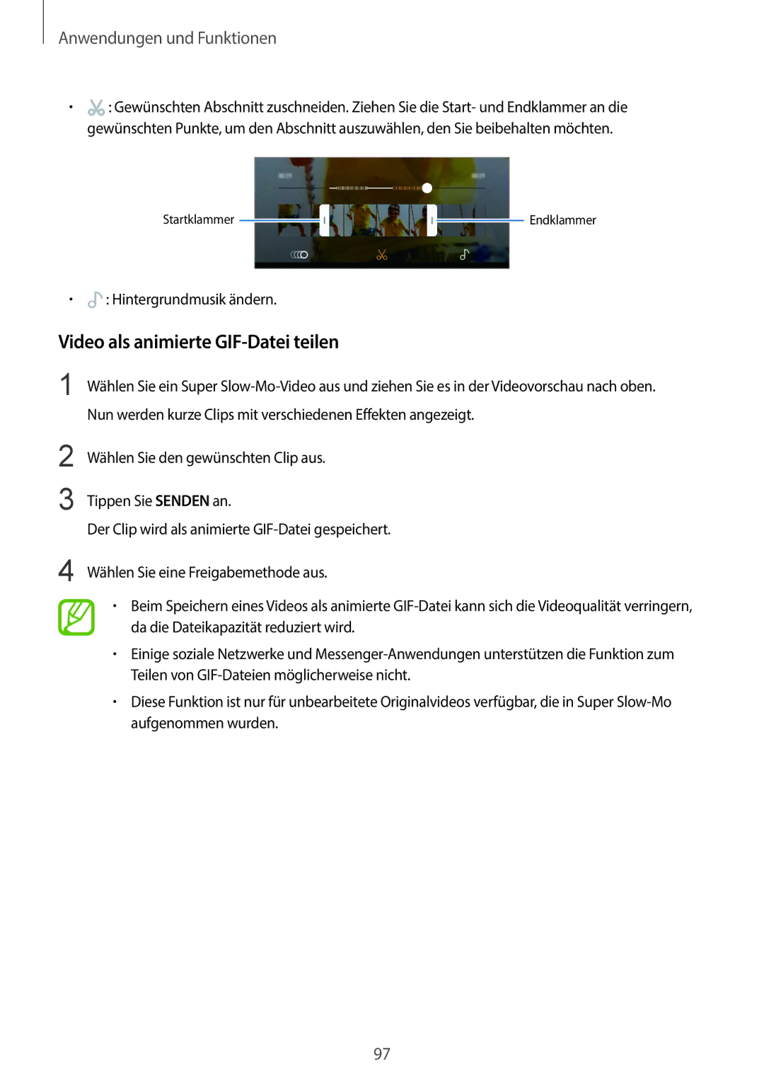 Samsung SM-G960FZAHDBT, SM-G960FZPDDBT, SM-G960FZBDDBT manual Video als animierte GIF-Datei teilen, Hintergrundmusik ändern 