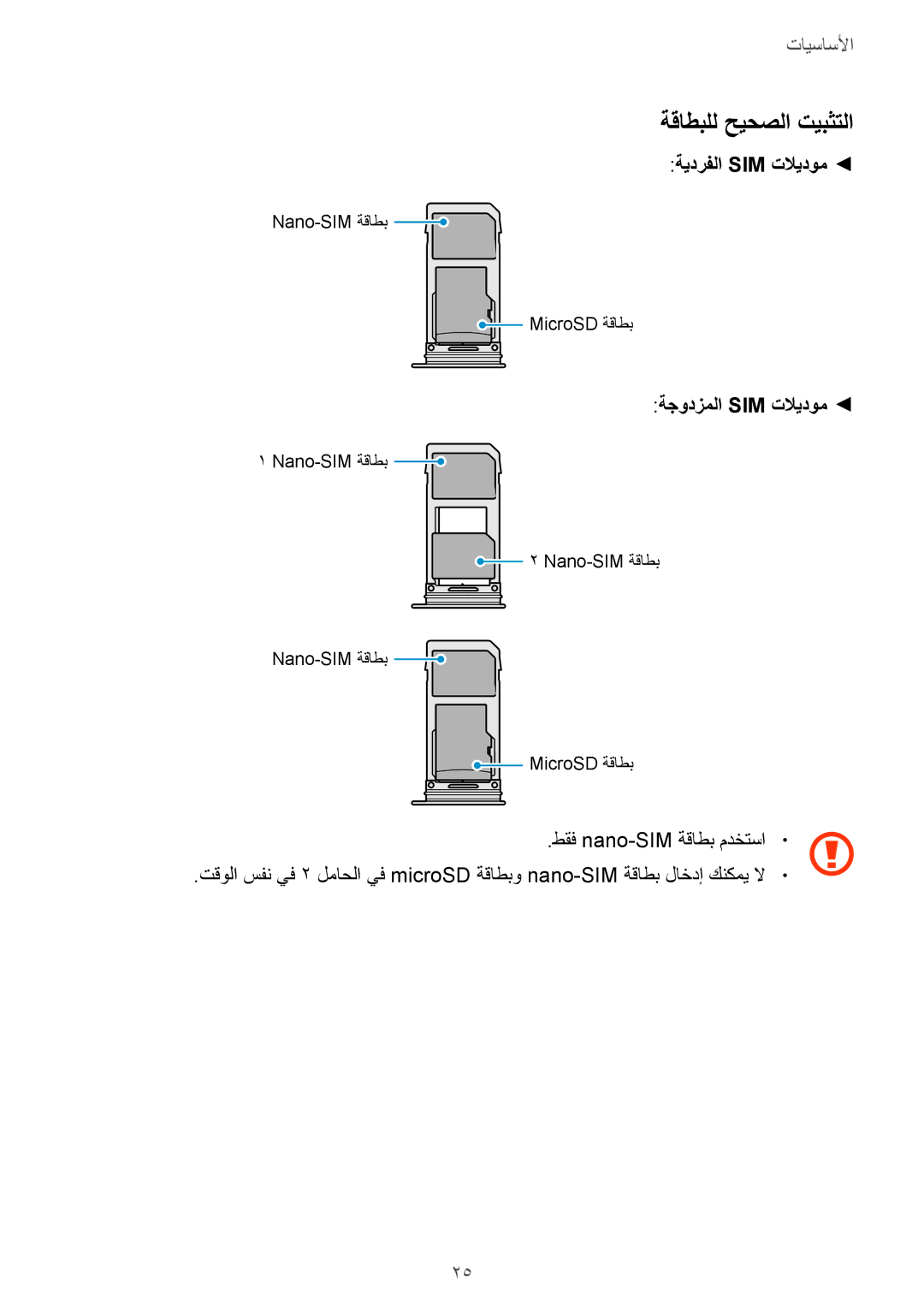 Samsung SM-G965FZBASEE, SM-G965FZKASEE, SM-G960FZBASEE, SM-G960FZPASEE manual ةقاطبلل حيحصلا تيبثتلا, ةيدرفلا Sim تلايدوم 