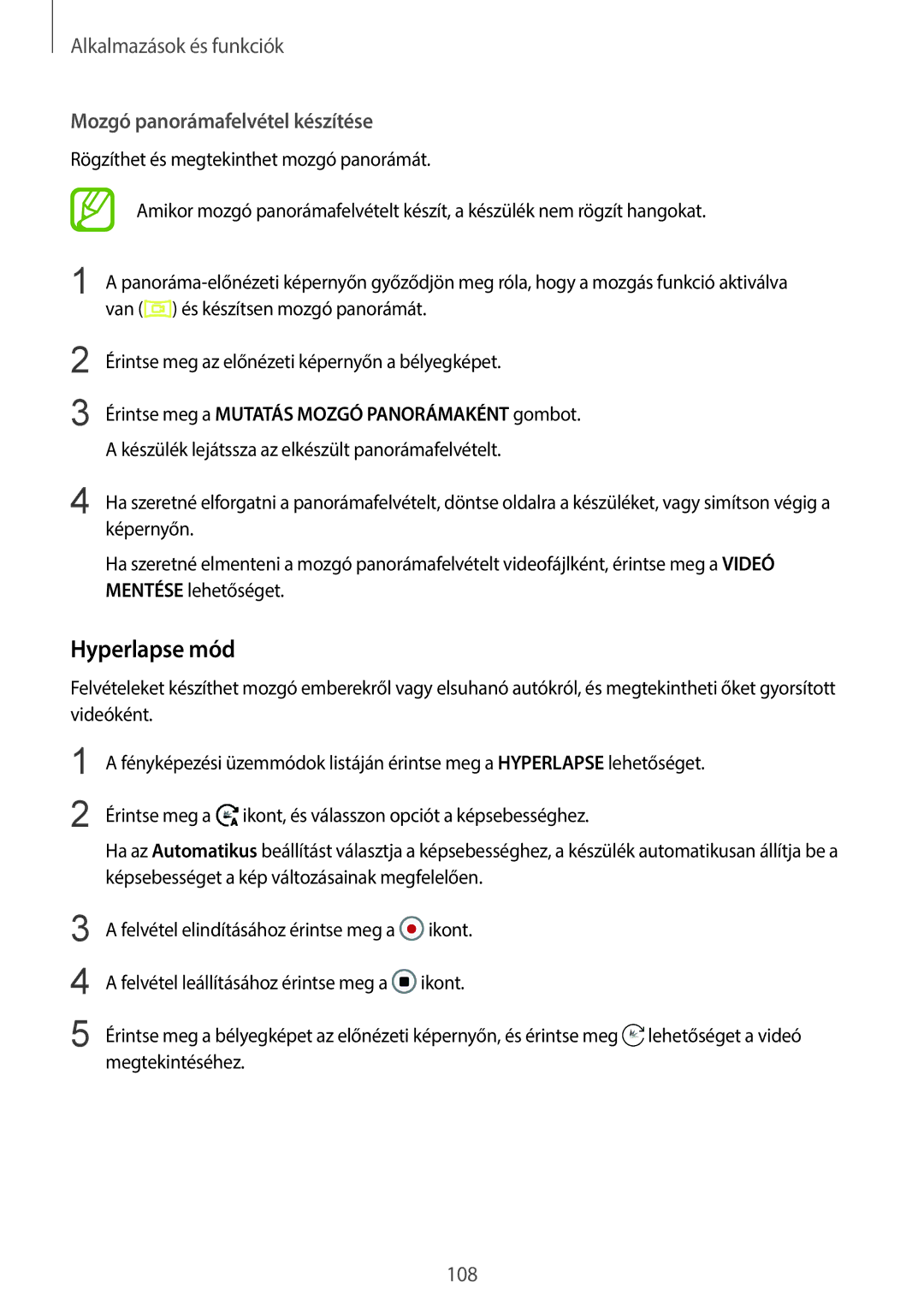 Samsung SM-G960FZKDXEH, SM-G965FZKAVDH, SM-G960FZBDXEH, SM-G960FZPDXEH manual Hyperlapse mód, Mozgó panorámafelvétel készítése 