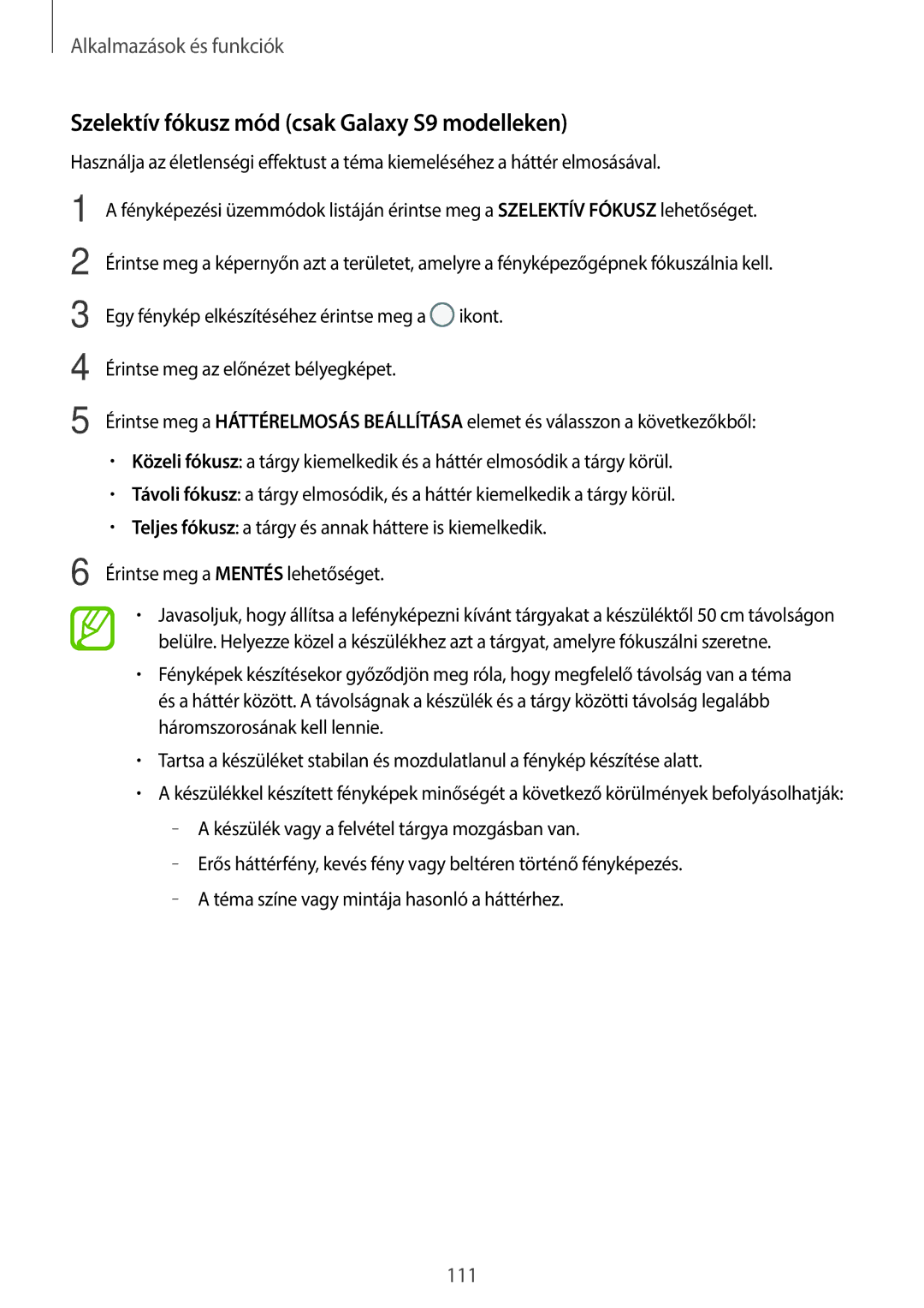 Samsung SM-G960FZKAVDH, SM-G965FZKAVDH, SM-G960FZBDXEH, SM-G960FZPDXEH manual Szelektív fókusz mód csak Galaxy S9 modelleken 