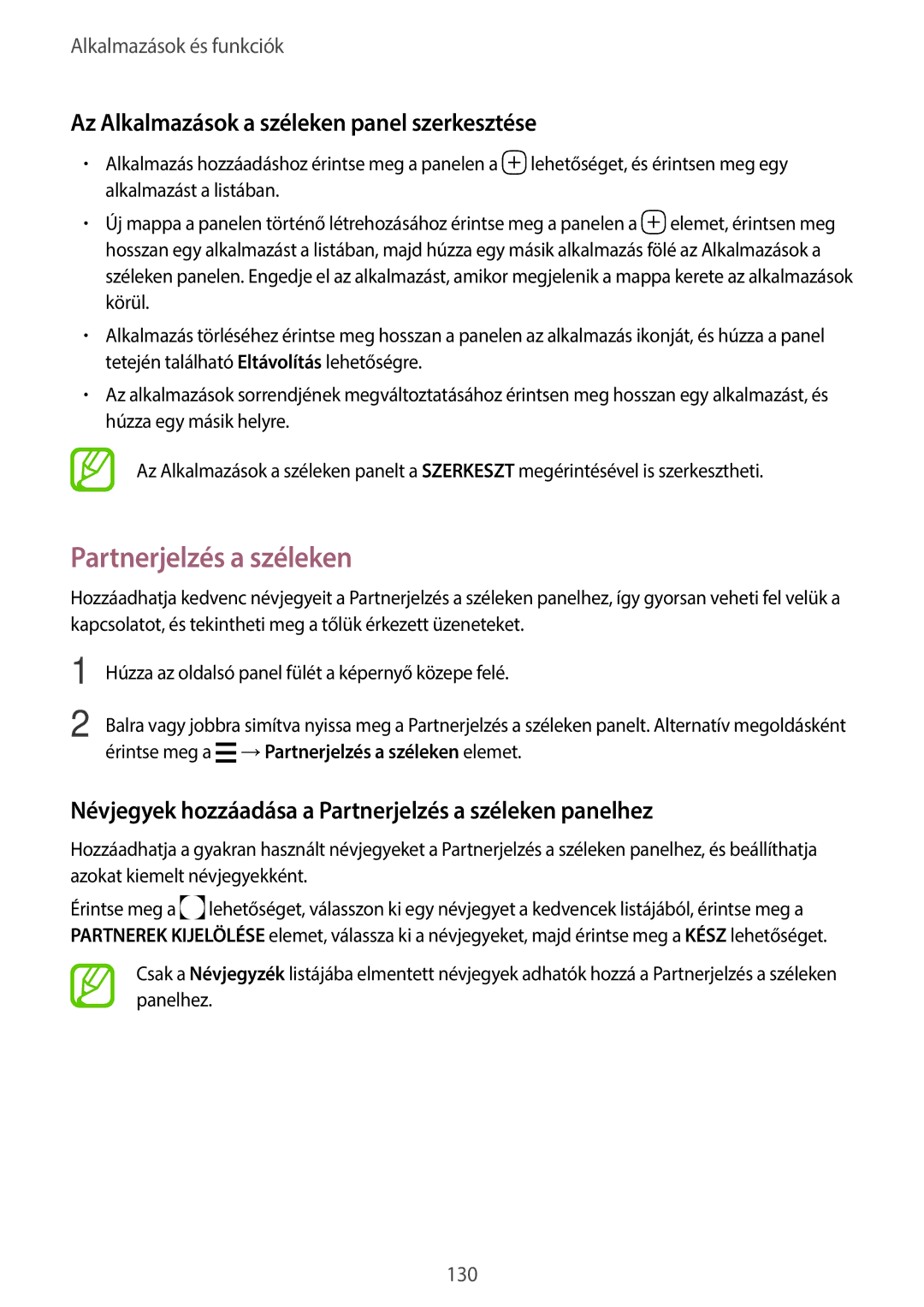 Samsung SM-G960FZPAPAN, SM-G965FZKAVDH manual Partnerjelzés a széleken, Az Alkalmazások a széleken panel szerkesztése 