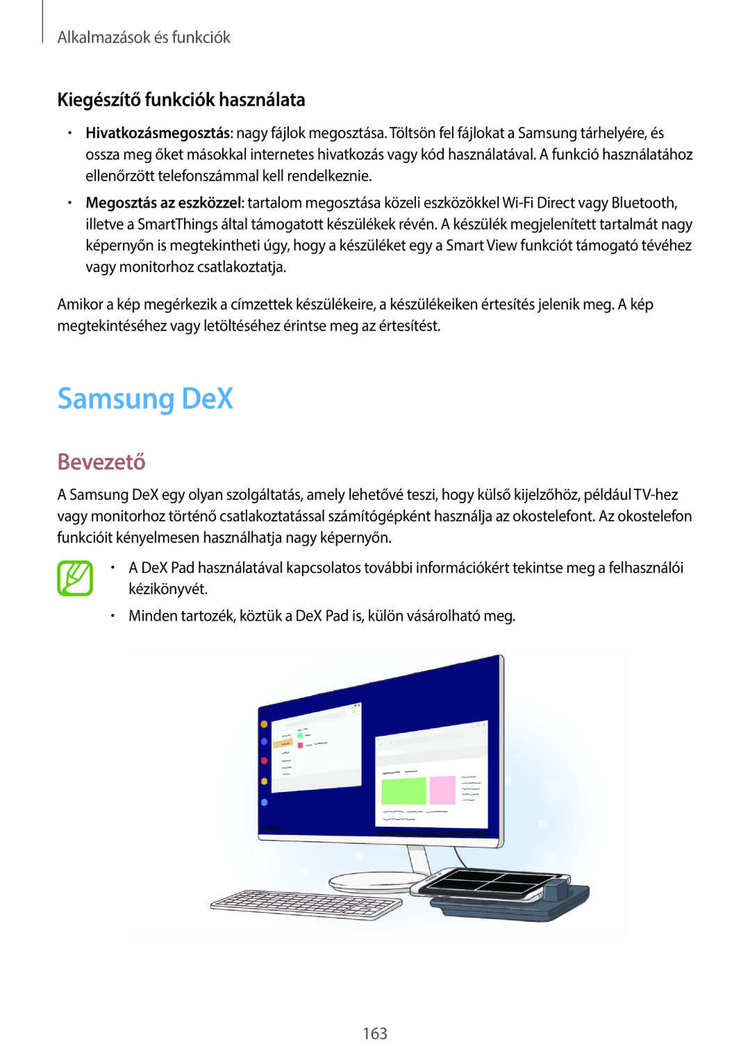 Samsung SM-G960FZPDXEH, SM-G965FZKAVDH, SM-G960FZBDXEH, SM-G960FZKDXEH manual Samsung DeX, Kiegészítő funkciók használata 