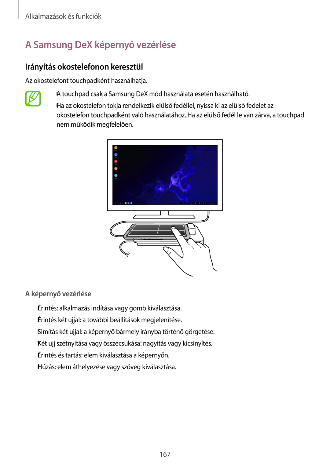 Samsung SM-G960FZKAVDH manual Samsung DeX képernyő vezérlése, Irányítás okostelefonon keresztül, Képernyő vezérlése 