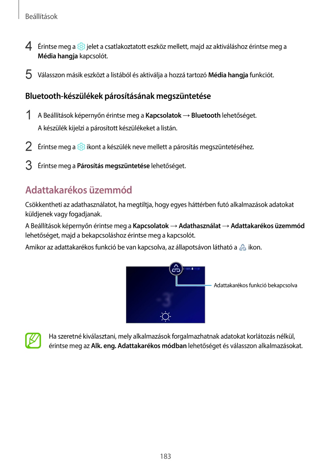 Samsung SM-G960FZBDXEH, SM-G965FZKAVDH manual Adattakarékos üzemmód, Bluetooth-készülékek párosításának megszüntetése 