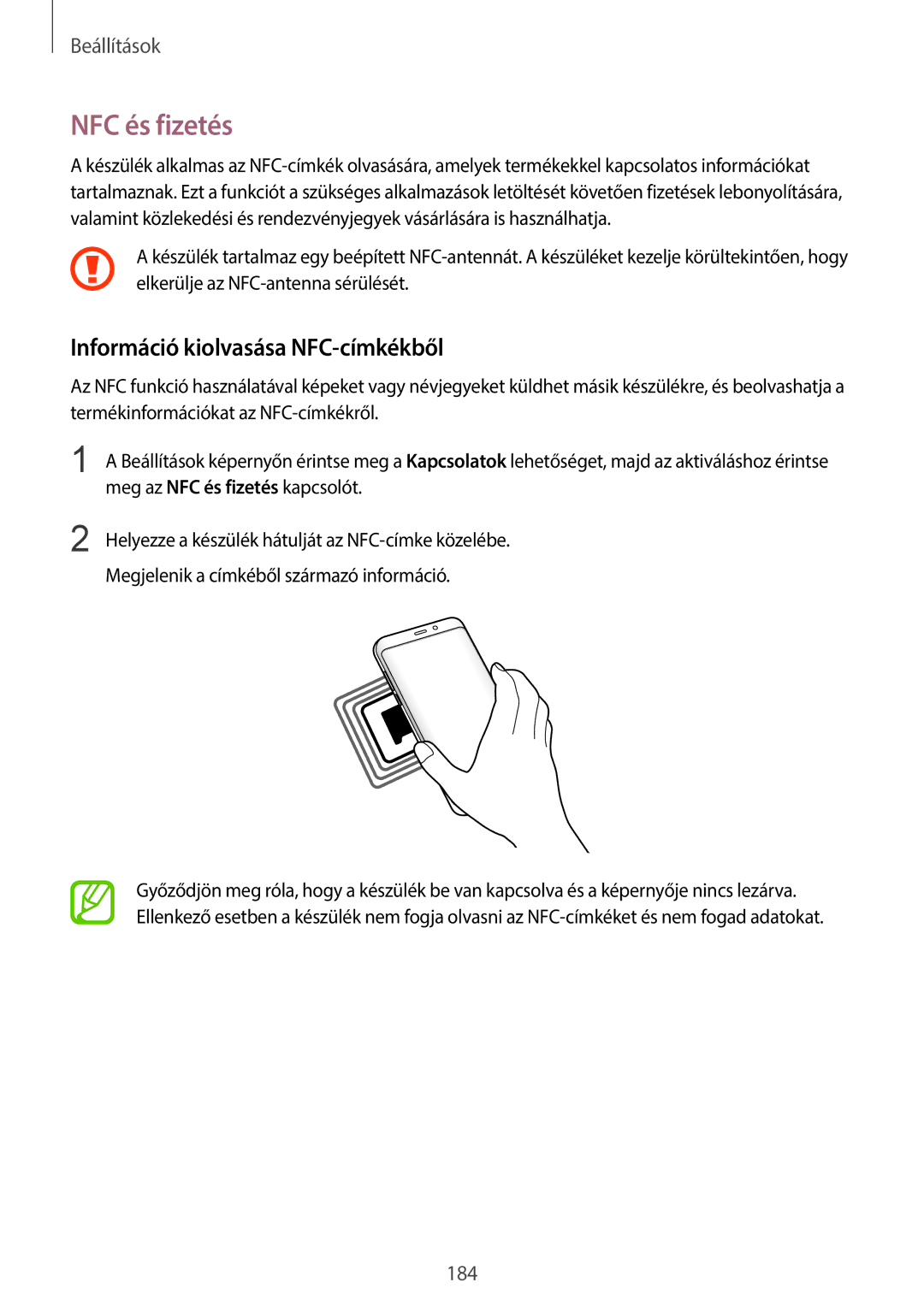 Samsung SM-G960FZPDXEH, SM-G965FZKAVDH manual Információ kiolvasása NFC-címkékből, Meg az NFC és fizetés kapcsolót 