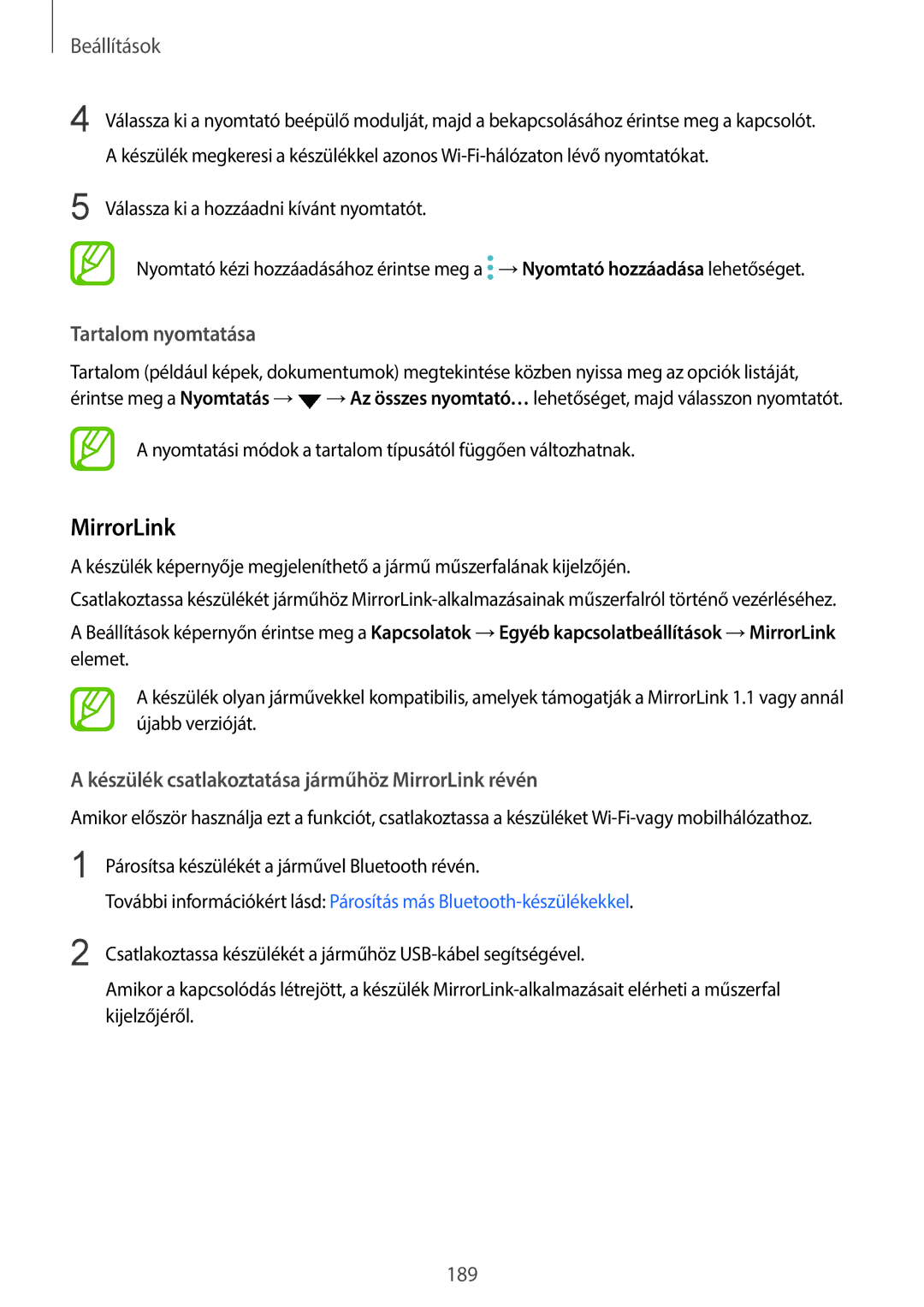 Samsung SM-G965FZKAVDH, SM-G960FZBDXEH manual Tartalom nyomtatása, Készülék csatlakoztatása járműhöz MirrorLink révén 