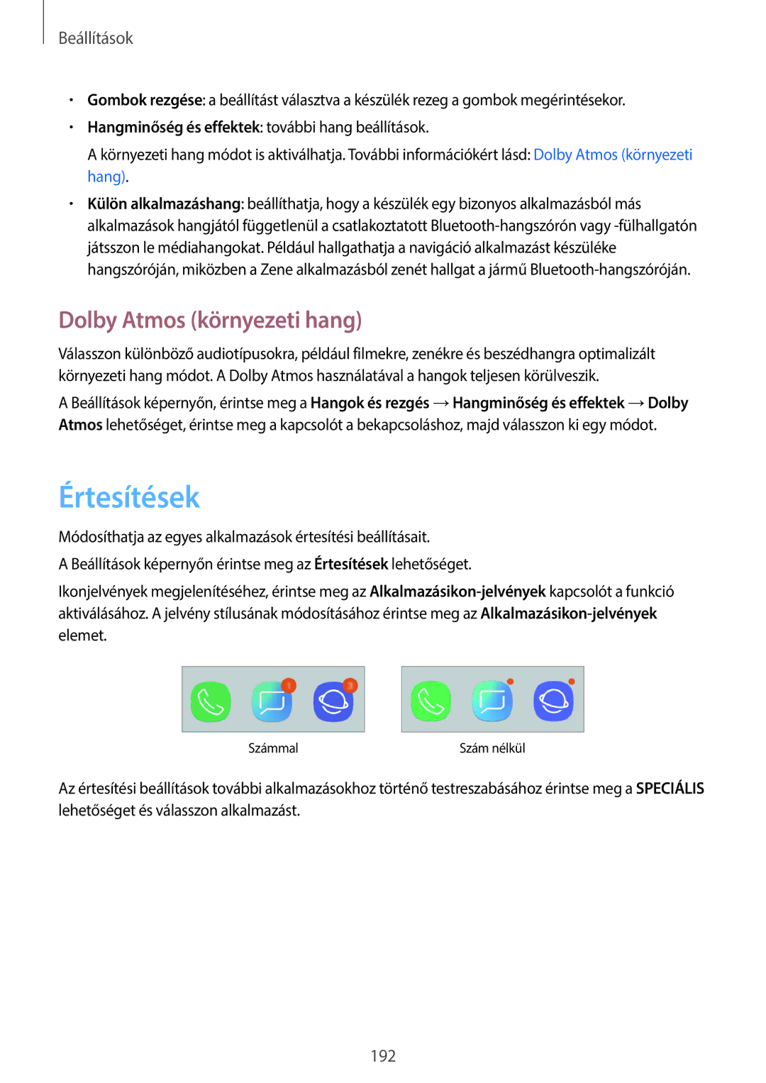 Samsung SM-G960FZKDXEH, SM-G965FZKAVDH, SM-G960FZBDXEH, SM-G960FZPDXEH manual Értesítések, Dolby Atmos környezeti hang 