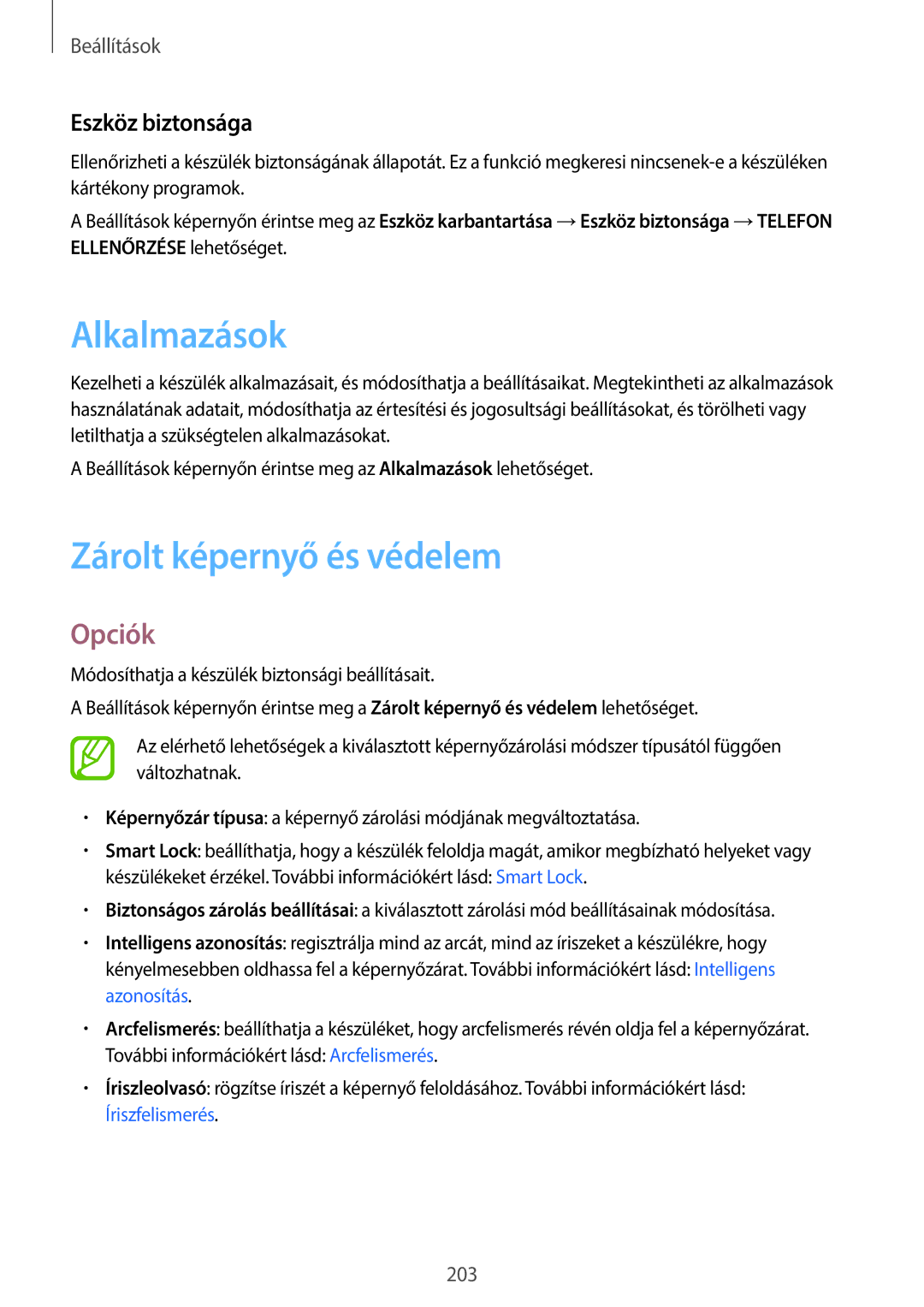 Samsung SM-G965FZKAVDH, SM-G960FZBDXEH, SM-G960FZPDXEH manual Alkalmazások, Zárolt képernyő és védelem, Eszköz biztonsága 