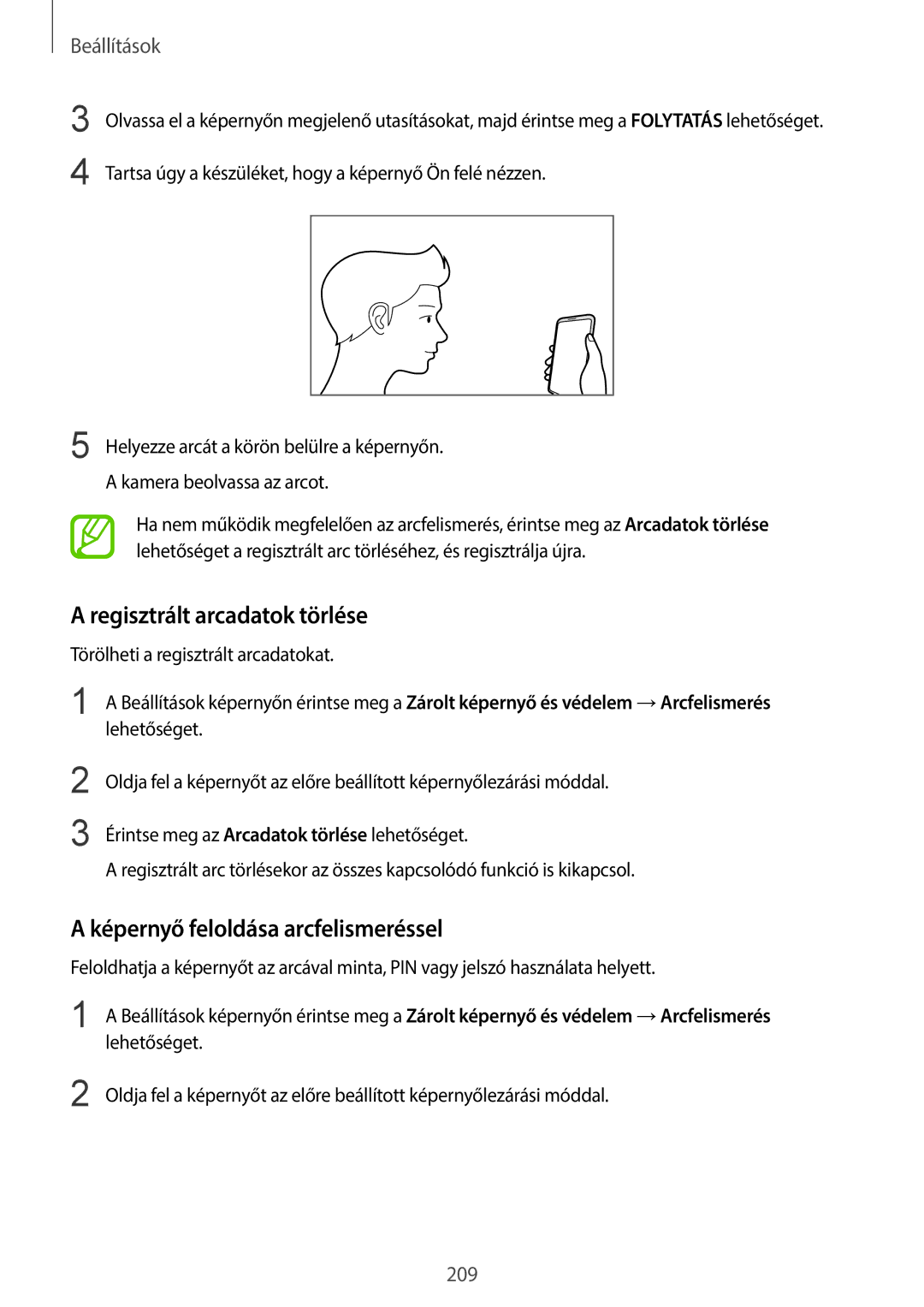 Samsung SM-G960FZKAVDH, SM-G965FZKAVDH, SM-G960FZBDXEH Regisztrált arcadatok törlése, Képernyő feloldása arcfelismeréssel 