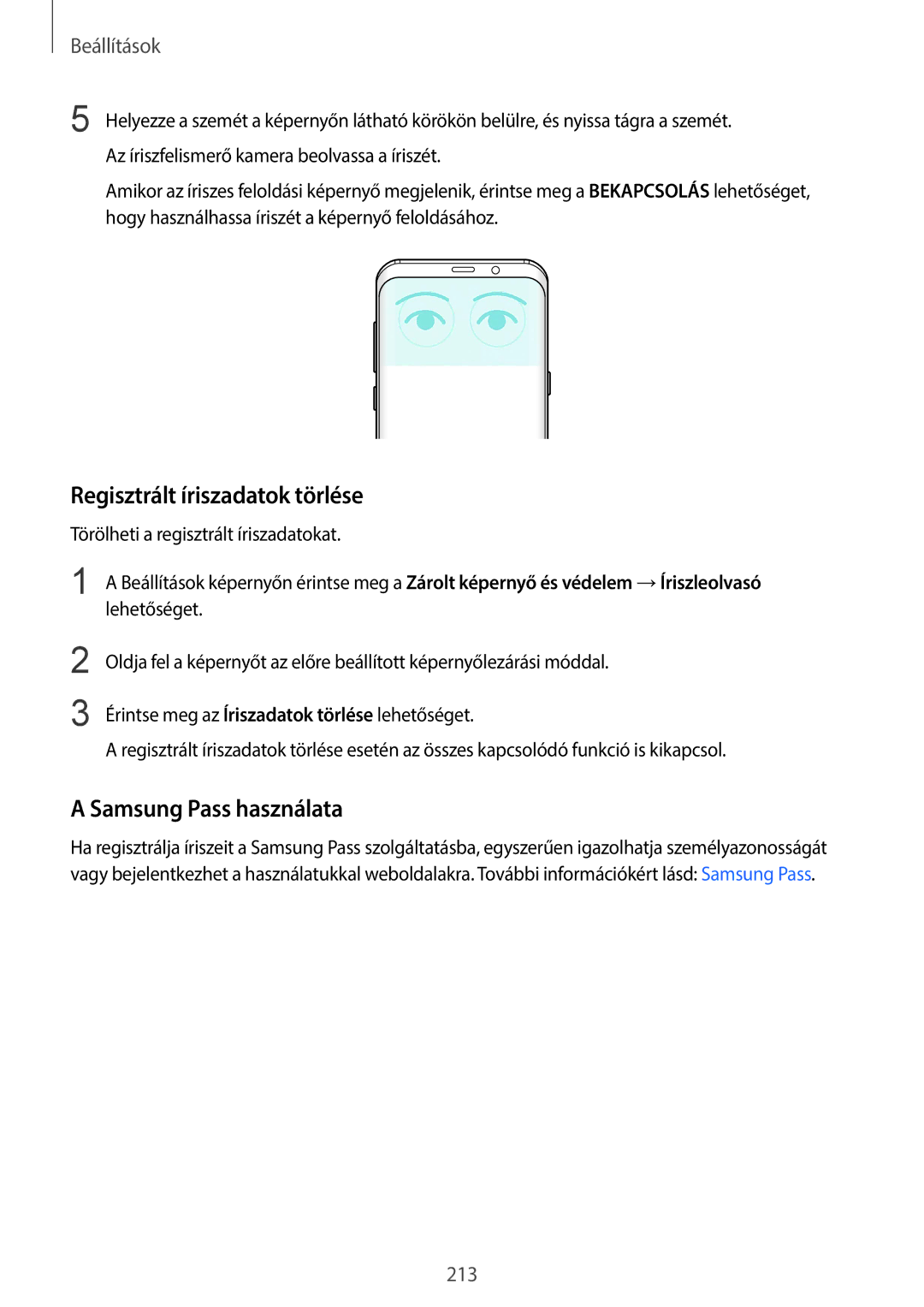 Samsung SM-G960FZKDXEH, SM-G965FZKAVDH, SM-G960FZBDXEH manual Regisztrált íriszadatok törlése, Samsung Pass használata 