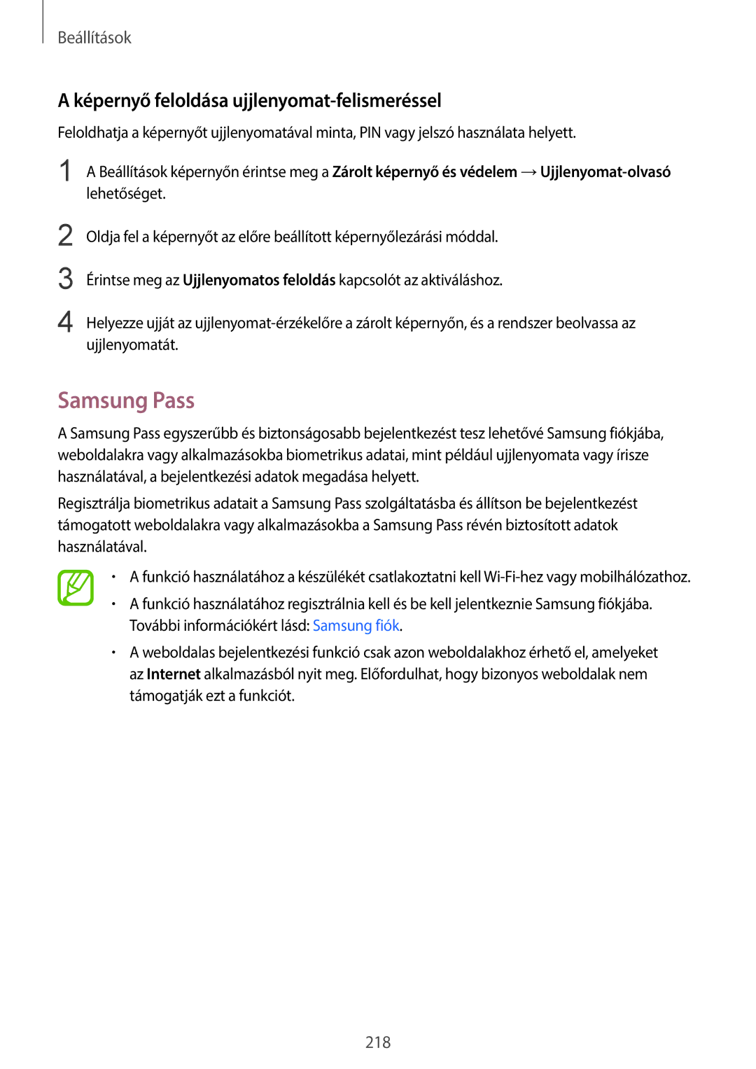 Samsung SM-G960FZBDXEH, SM-G965FZKAVDH, SM-G960FZPDXEH manual Samsung Pass, Képernyő feloldása ujjlenyomat-felismeréssel 