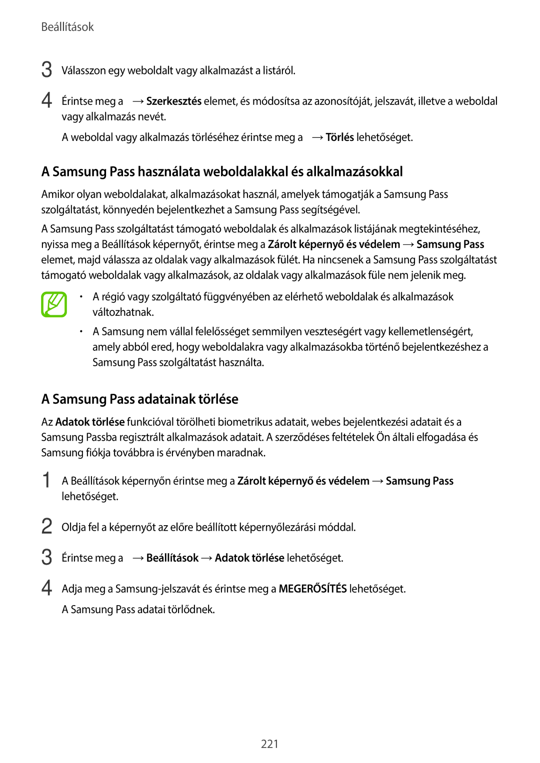 Samsung SM-G960FZPAPAN manual Samsung Pass használata weboldalakkal és alkalmazásokkal, Samsung Pass adatainak törlése 