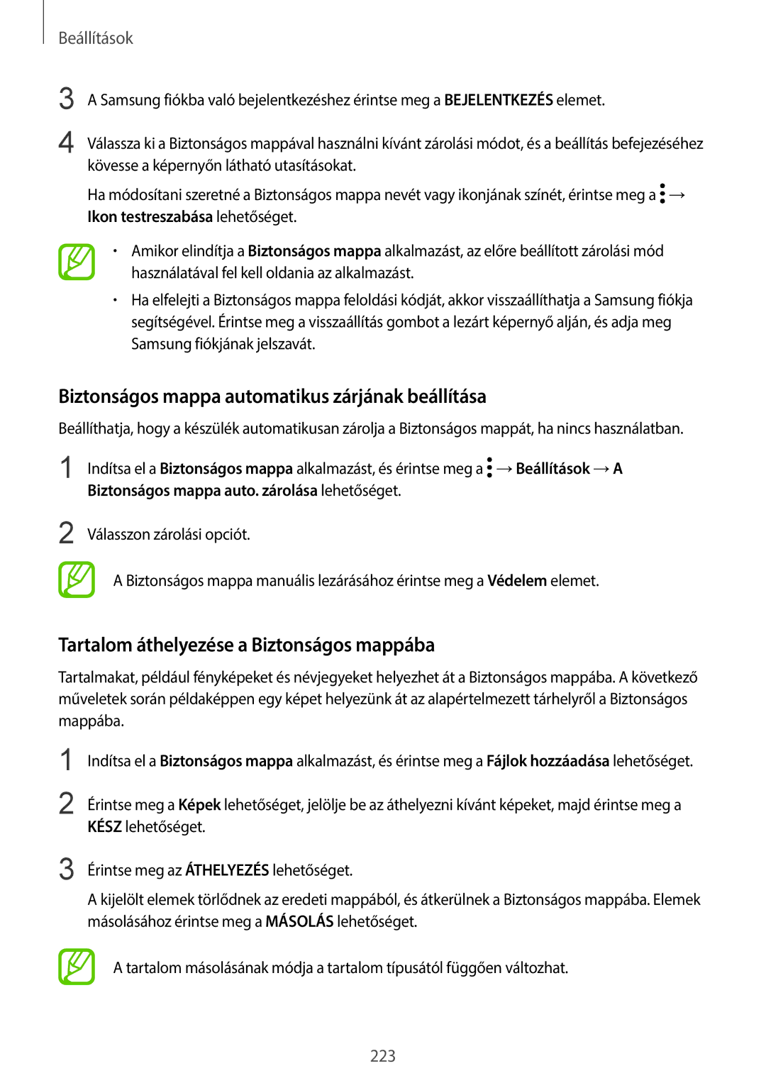 Samsung SM-G960FZKAVDH manual Biztonságos mappa automatikus zárjának beállítása, Tartalom áthelyezése a Biztonságos mappába 