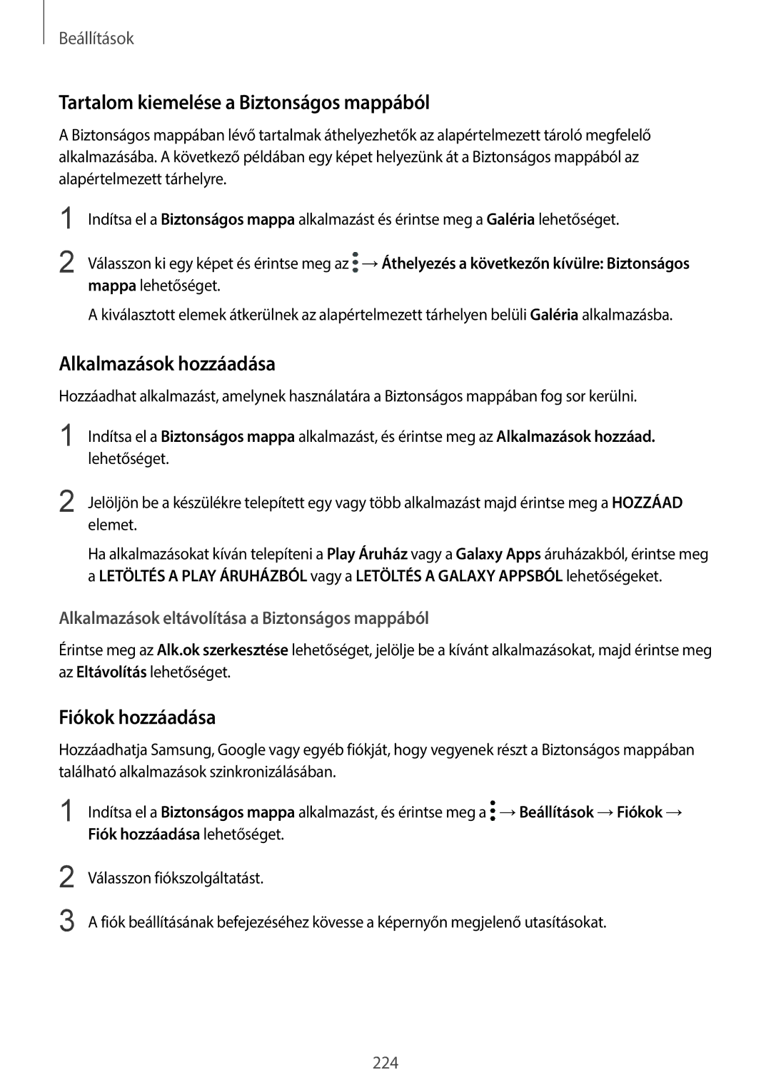 Samsung SM-G965FZKAVDH manual Tartalom kiemelése a Biztonságos mappából, Alkalmazások hozzáadása, Fiókok hozzáadása 