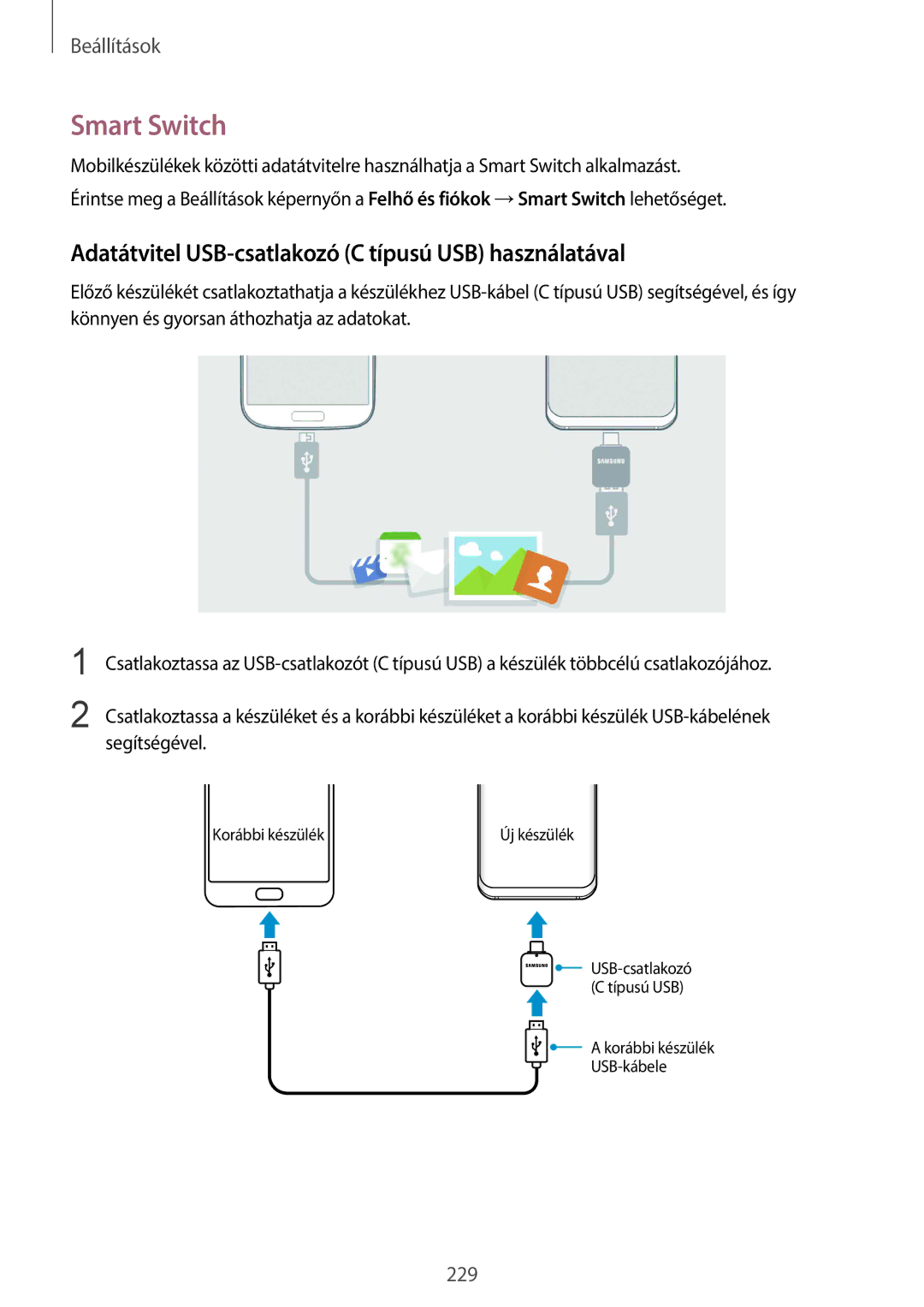 Samsung SM-G960FZBAVDH, SM-G965FZKAVDH, SM-G960FZBDXEH Smart Switch, Adatátvitel USB-csatlakozó C típusú USB használatával 