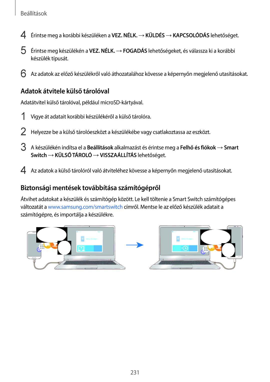 Samsung SM-G965FZKAVDH, SM-G960FZBDXEH manual Adatok átvitele külső tárolóval, Biztonsági mentések továbbítása számítógépről 