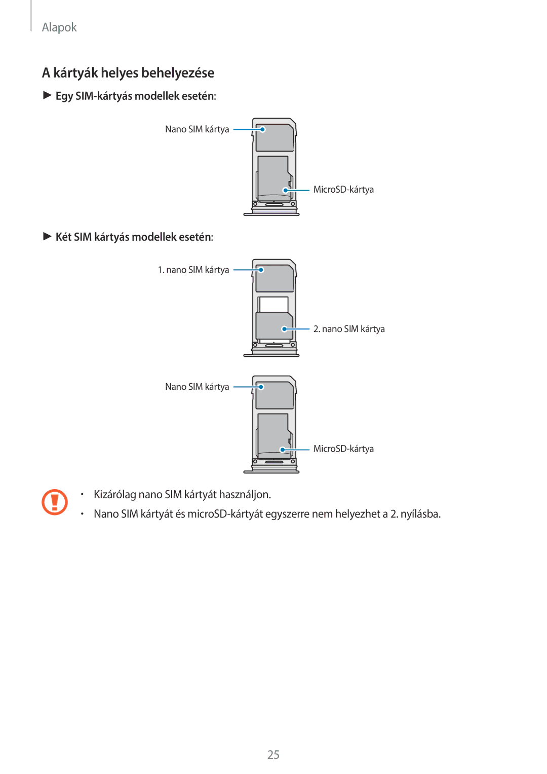 Samsung SM-G960FZPAPAN, SM-G965FZKAVDH, SM-G960FZBDXEH manual Kártyák helyes behelyezése, Egy SIM-kártyás modellek esetén 