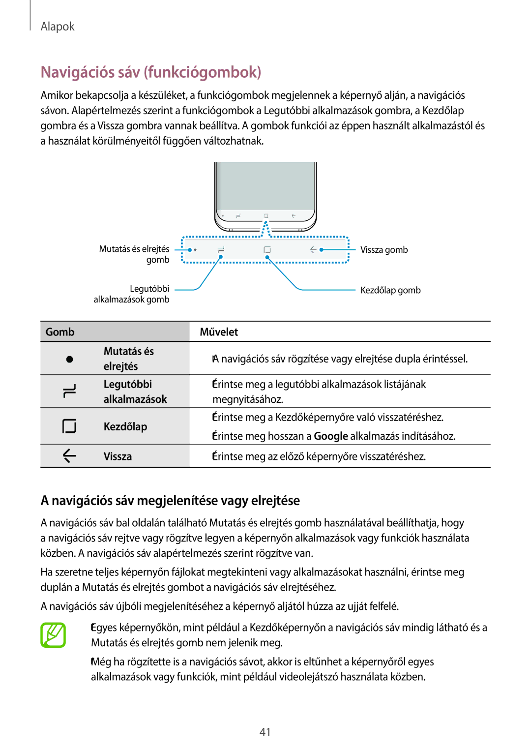 Samsung SM-G960FZKAVDH, SM-G965FZKAVDH manual Navigációs sáv funkciógombok, Navigációs sáv megjelenítése vagy elrejtése 