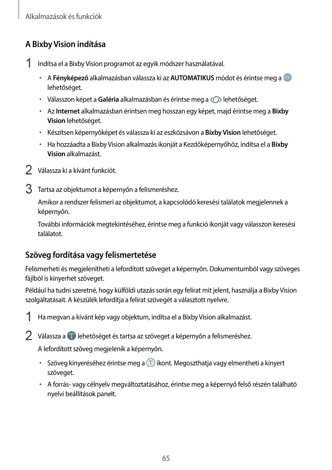 Samsung SM-G960FZPDXEH, SM-G965FZKAVDH, SM-G960FZBDXEH manual Bixby Vision indítása, Szöveg fordítása vagy felismertetése 
