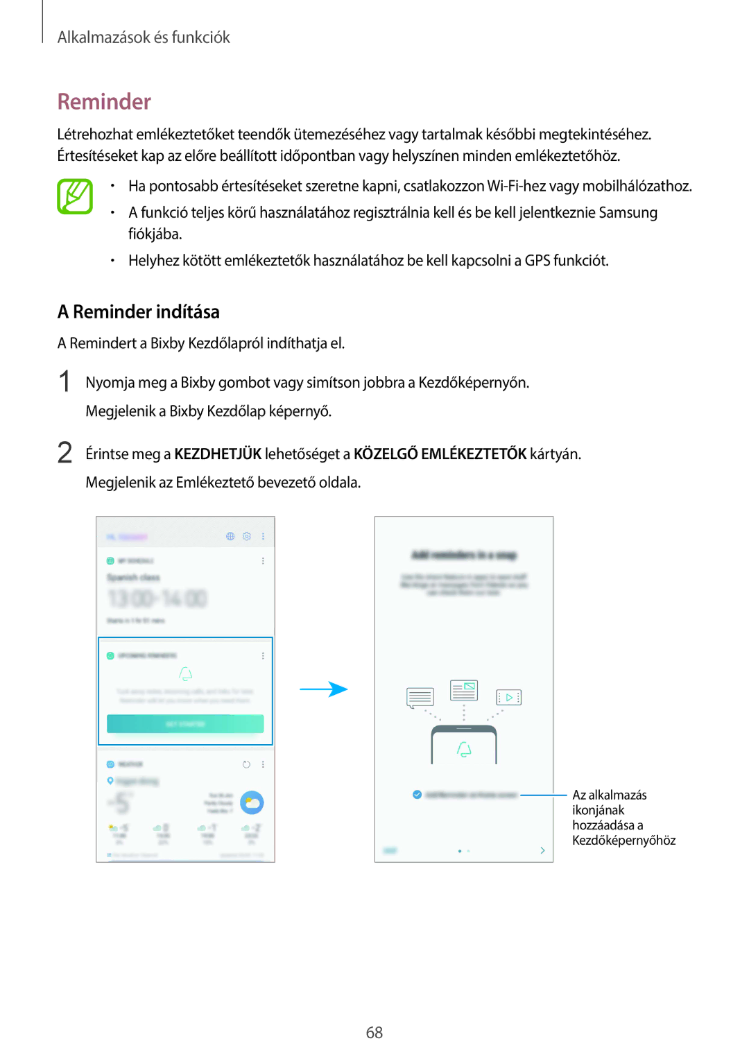 Samsung SM-G960FZBAVDH, SM-G965FZKAVDH, SM-G960FZBDXEH Reminder indítása, Megjelenik az Emlékeztető bevezető oldala 