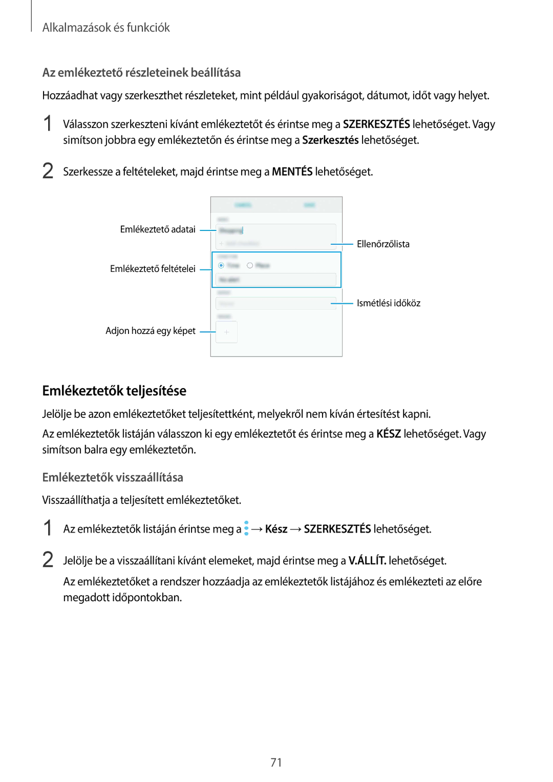 Samsung SM-G960FZBDXEH manual Emlékeztetők teljesítése, Az emlékeztető részleteinek beállítása, Emlékeztetők visszaállítása 