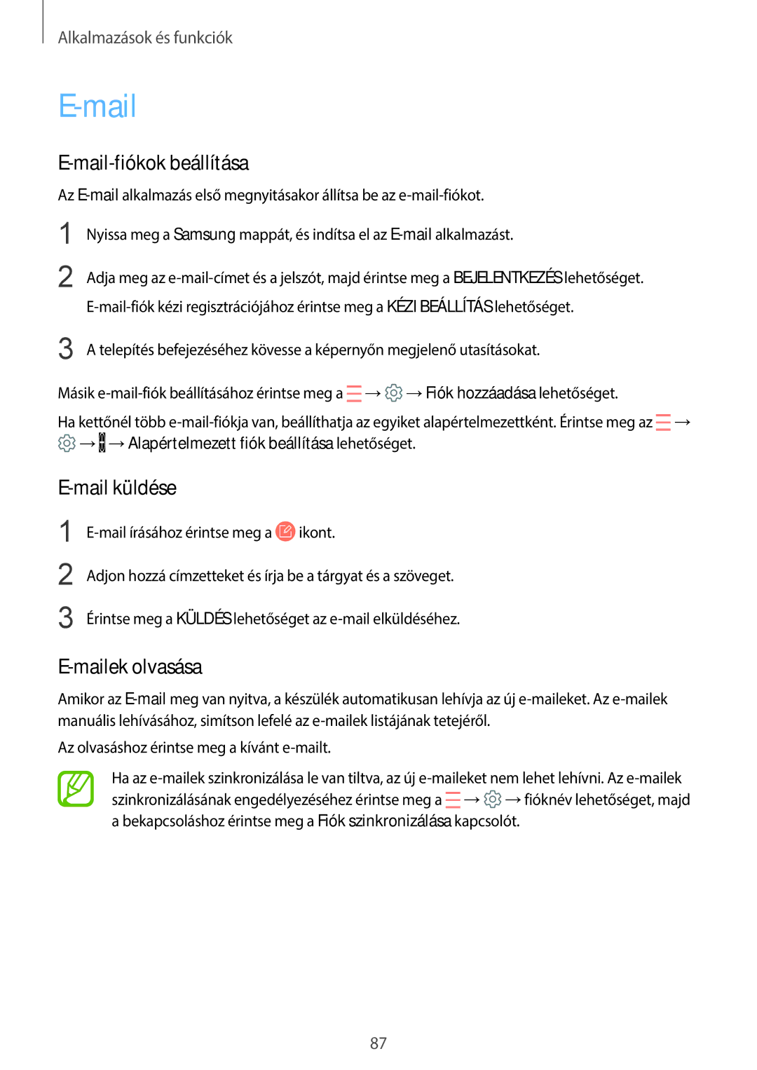 Samsung SM-G960FZKDXEH, SM-G965FZKAVDH, SM-G960FZBDXEH manual Mail-fiókok beállítása, Mail küldése, Mailek olvasása 