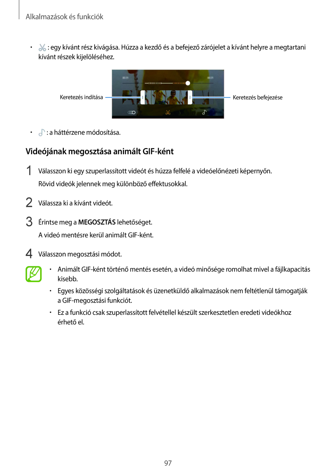 Samsung SM-G960FZKAVDH, SM-G965FZKAVDH, SM-G960FZBDXEH manual Videójának megosztása animált GIF-ként, Háttérzene módosítása 