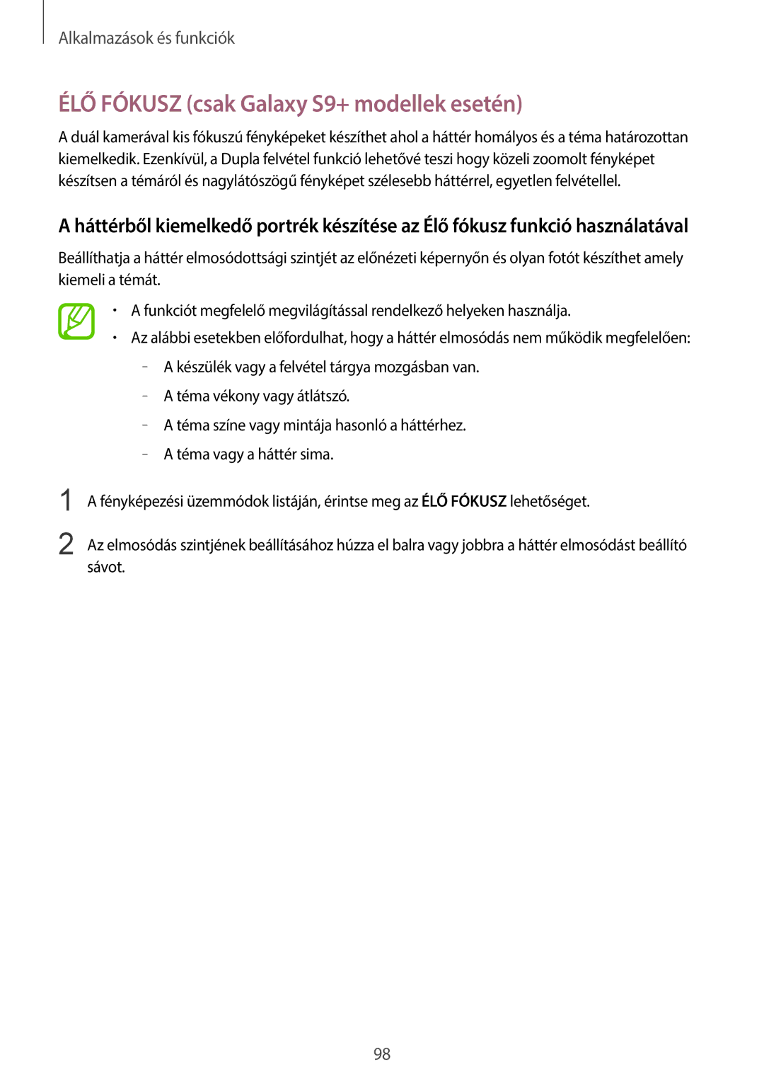 Samsung SM-G965FZKAVDH, SM-G960FZBDXEH, SM-G960FZPDXEH, SM-G960FZKDXEH ÉLŐ Fókusz csak Galaxy S9+ modellek esetén, Sávot 