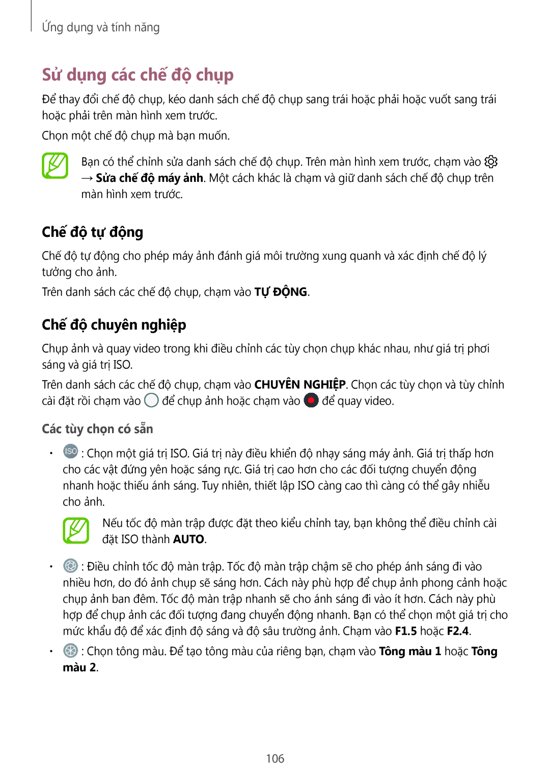 Samsung SM-G965FZBDXXV manual Sử dụng các chế độ chụp, Chế độ tự động, Chế độ chuyên nghiệp, Các tùy chọn có sẵn, 106 
