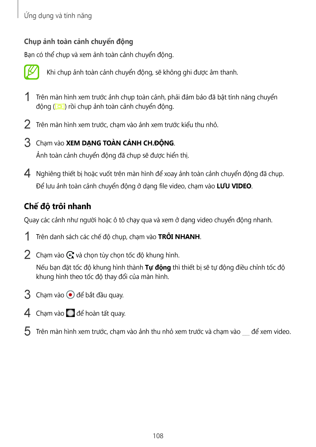 Samsung SM-G965FZKDXXV, SM-G965FZKGXXV, SM-G965FZBDXXV manual Chế độ trôi nhanh, Chụp ảnh toàn cảnh chuyển động, 108 