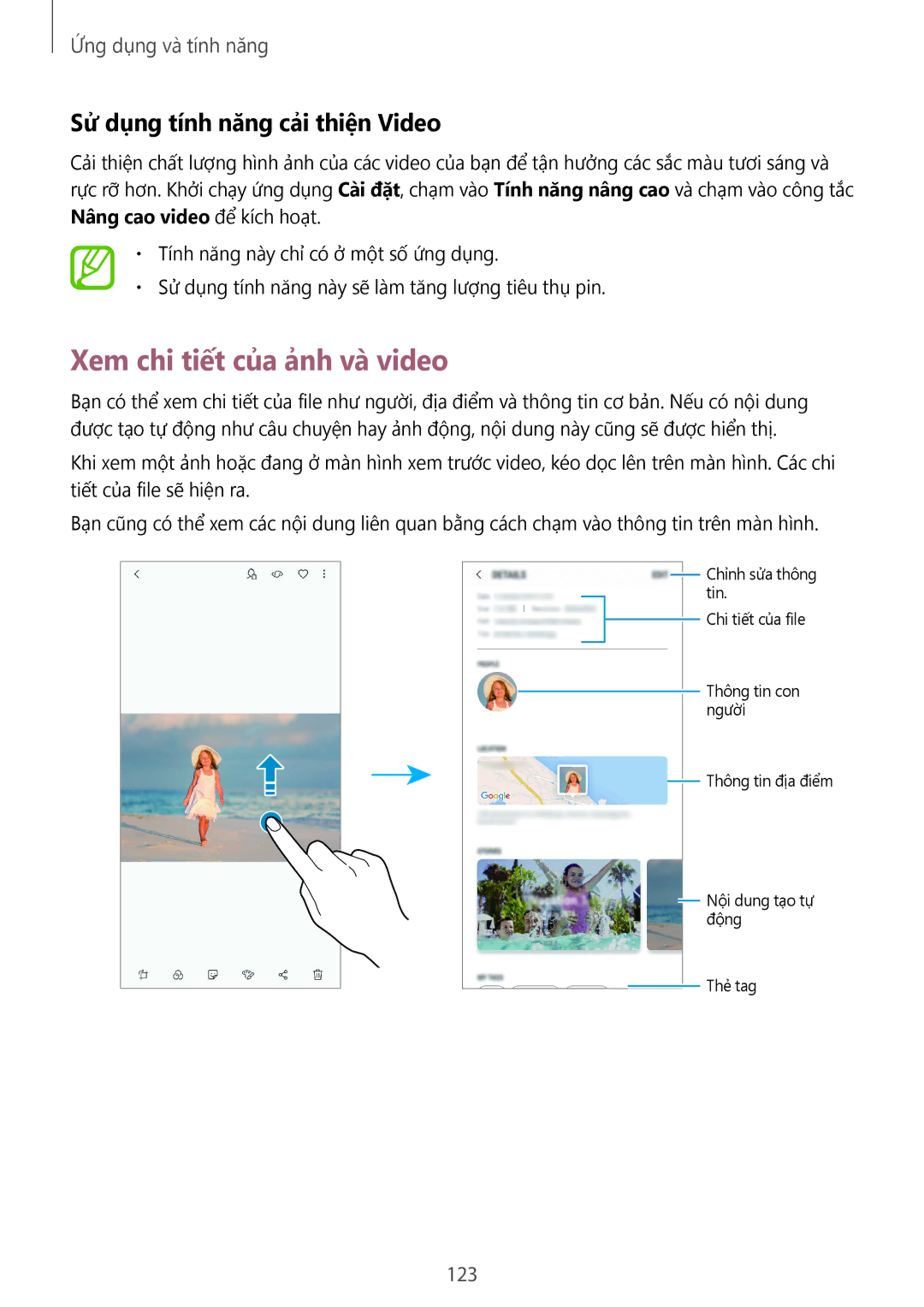 Samsung SM-G965FZPDXXV, SM-G965FZKDXXV manual Xem chi tiết của ảnh và video, Sử dụng tính năng cải thiện Video, 123 
