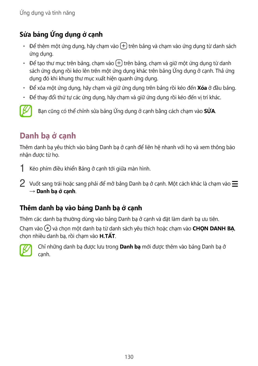 Samsung SM-G965FZBDXXV manual Sửa bảng Ứng dụng ở cạnh, Thêm danh bạ vào bảng Danh bạ ở cạnh, 130, → Danh bạ ở cạnh 