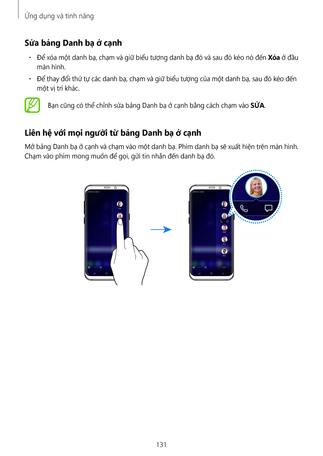 Samsung SM-G965FZPDXXV, SM-G965FZKDXXV manual Sửa bảng Danh bạ ở cạnh, Liên hệ với mọi người từ bảng Danh bạ ở cạnh, 131 