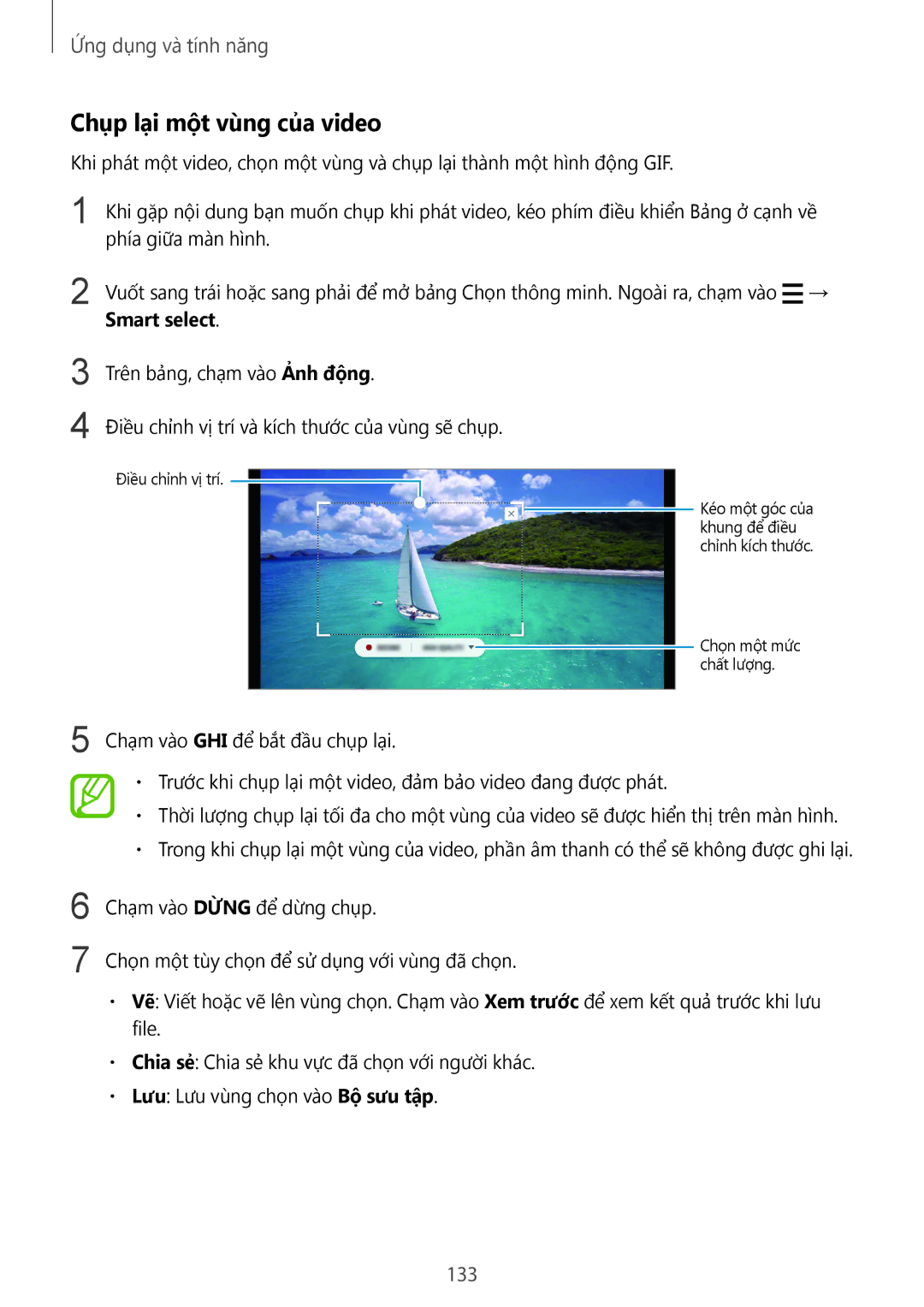 Samsung SM-G965FZKGXXV, SM-G965FZKDXXV, SM-G965FZBDXXV, SM-G965FZPDXXV manual Chụp lại một vùng của video, 133 