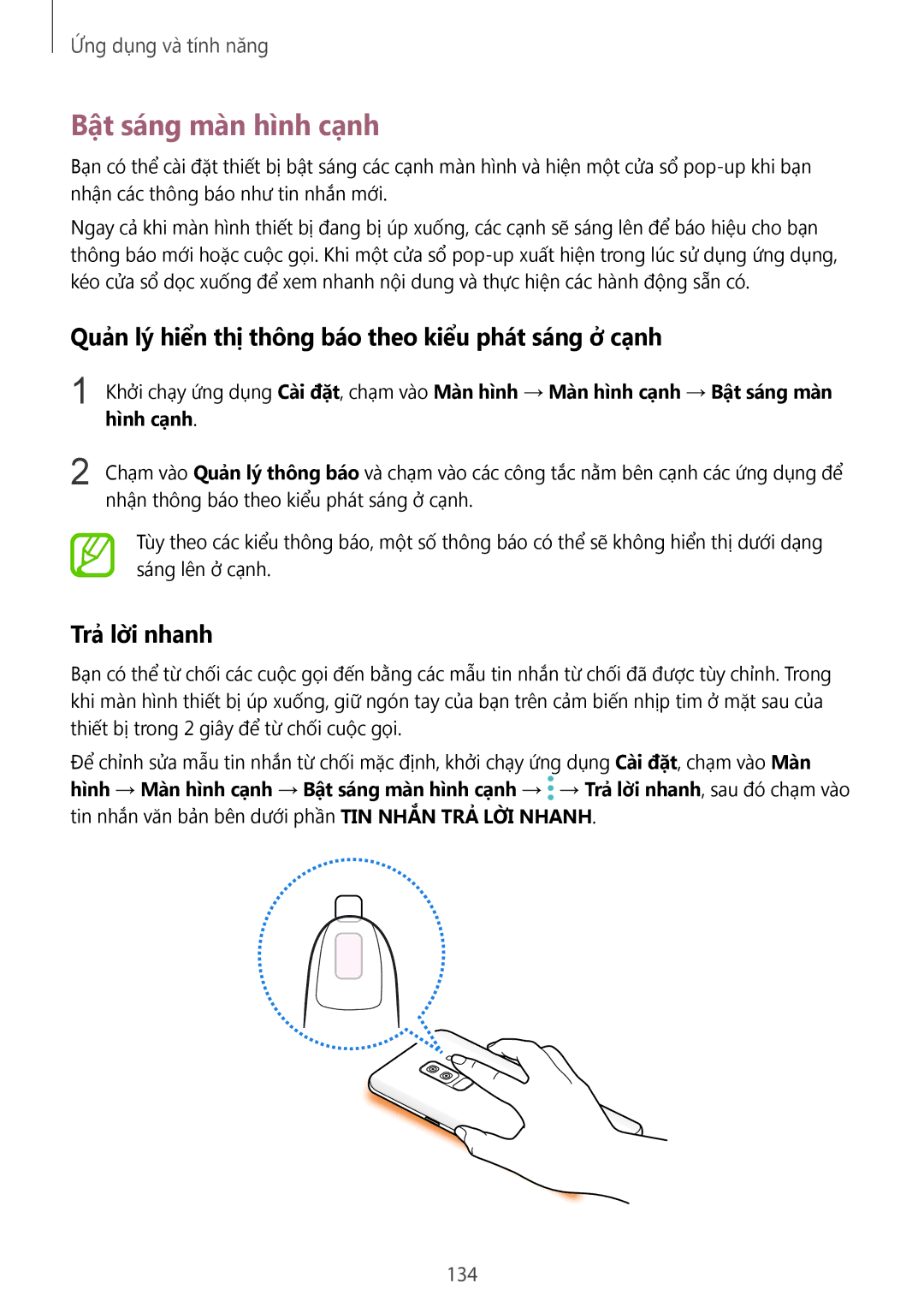 Samsung SM-G965FZBDXXV Bật sáng màn hình cạnh, Quản lý hiển thị thông báo theo kiểu phát sáng ở cạnh, Trả lời nhanh, 134 