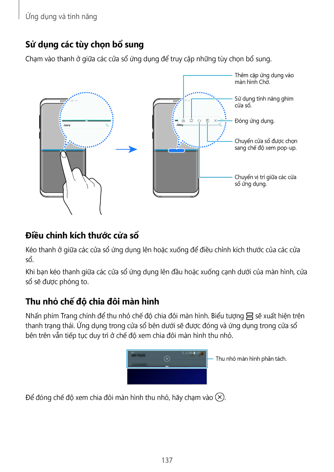Samsung SM-G965FZKGXXV Sử dụng các tùy chọn bổ sung, Điều chỉnh kích thước cửa sổ, Thu nhỏ chế độ chia đôi màn hình, 137 
