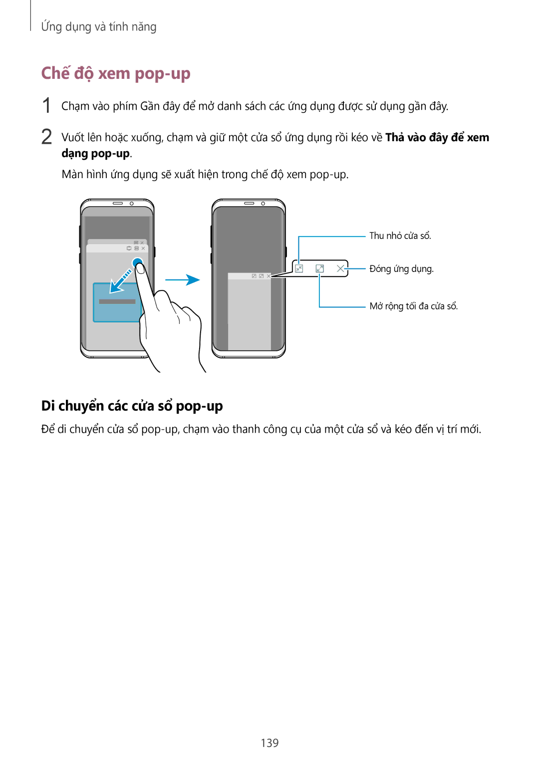 Samsung SM-G965FZPDXXV, SM-G965FZKDXXV, SM-G965FZKGXXV, SM-G965FZBDXXV Chế độ xem pop-up, Di chuyển các cửa sổ pop-up, 139 