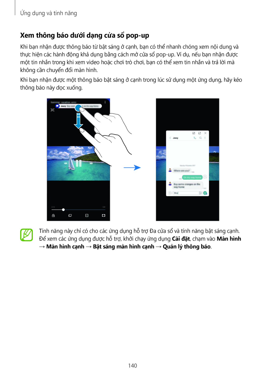 Samsung SM-G965FZKDXXV, SM-G965FZKGXXV, SM-G965FZBDXXV, SM-G965FZPDXXV manual Xem thông báo dưới dạng cửa sổ pop-up, 140 