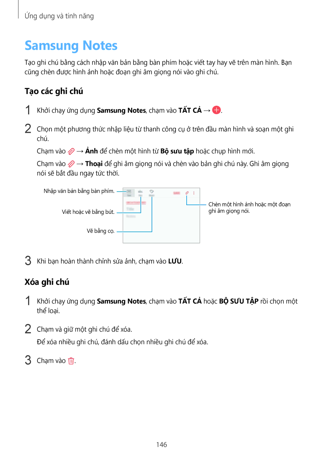 Samsung SM-G965FZBDXXV, SM-G965FZKDXXV, SM-G965FZKGXXV, SM-G965FZPDXXV manual Samsung Notes, Tạo các ghi chú, Xóa ghi chú, 146 