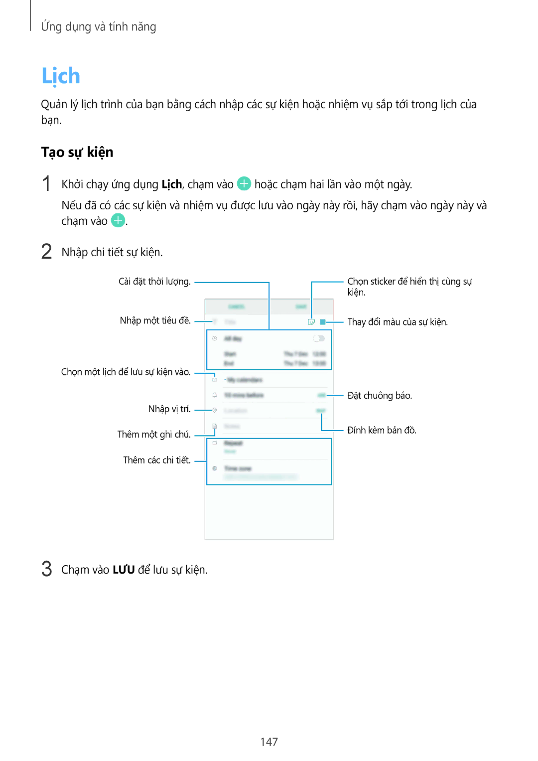 Samsung SM-G965FZPDXXV, SM-G965FZKDXXV, SM-G965FZKGXXV, SM-G965FZBDXXV manual Lịch, Tạo sự kiện, 147 