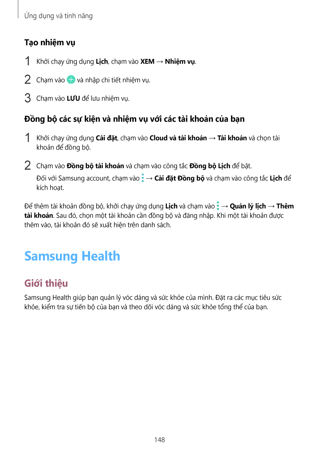 Samsung SM-G965FZKDXXV manual Samsung Health, Tạo nhiệm vụ, Đồng bộ các sự kiện và nhiệm vụ với các tài khoản của bạn, 148 