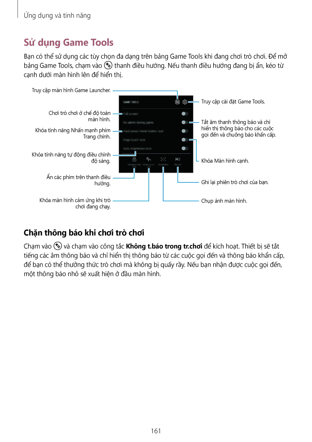 Samsung SM-G965FZKGXXV, SM-G965FZKDXXV, SM-G965FZBDXXV manual Sử dụng Game Tools, Chặn thông báo khi chơi trò chơi, 161 