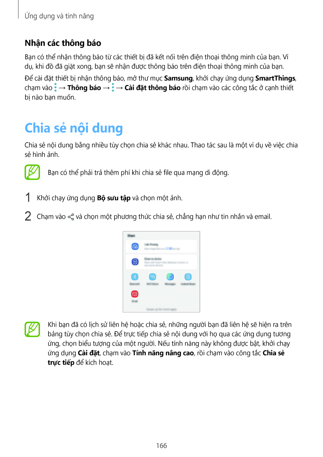 Samsung SM-G965FZBDXXV, SM-G965FZKDXXV, SM-G965FZKGXXV, SM-G965FZPDXXV manual Chia sẻ nội dung, Nhận các thông báo, 166 