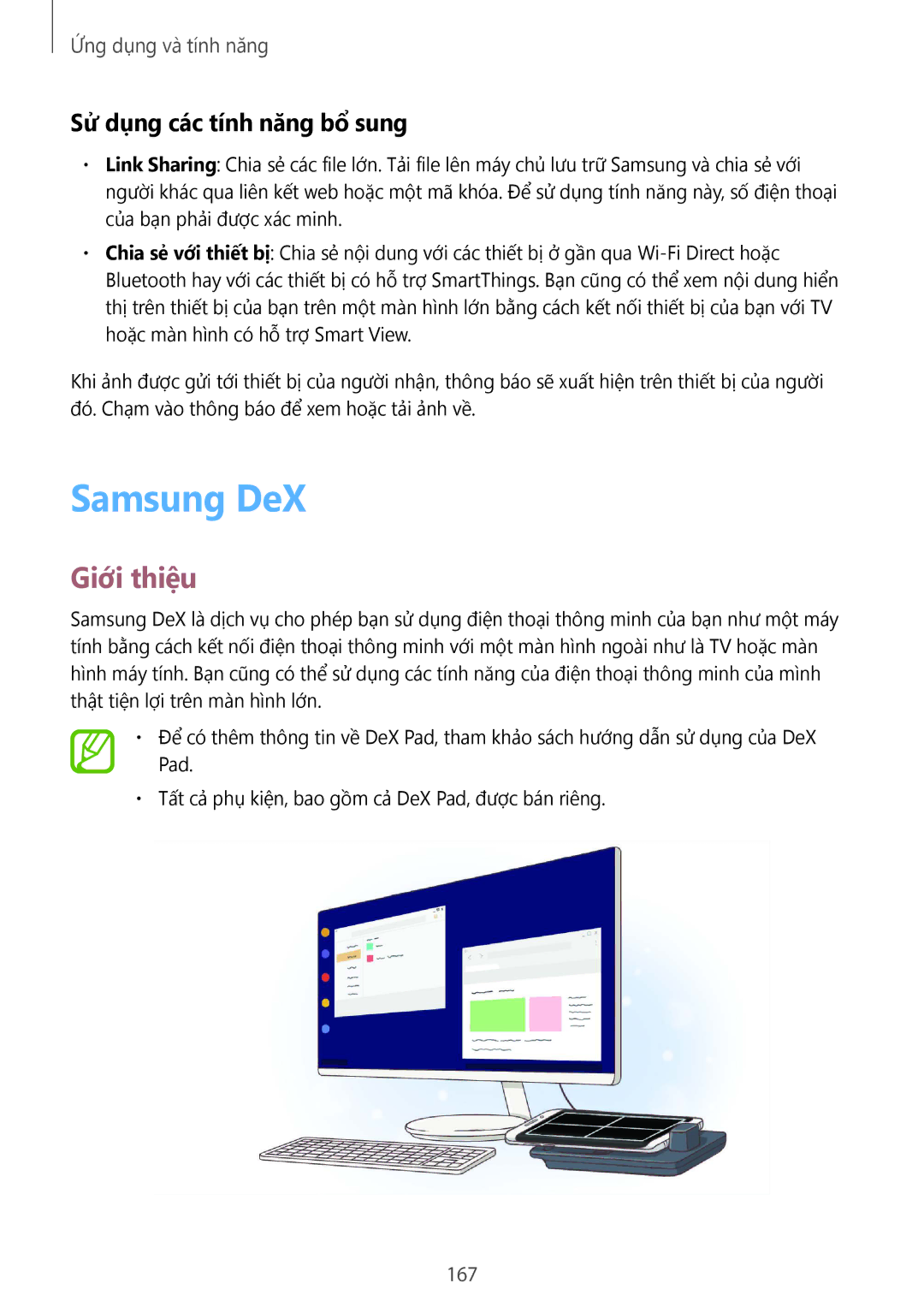 Samsung SM-G965FZPDXXV, SM-G965FZKDXXV, SM-G965FZKGXXV, SM-G965FZBDXXV manual Samsung DeX, Sử dụng các tính năng bổ sung, 167 
