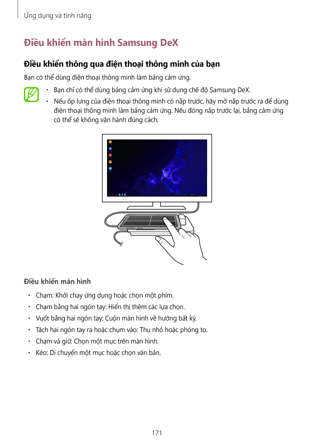 Samsung SM-G965FZPDXXV manual Điều khiển màn hình Samsung DeX, Điều khiển thông qua điện thoại thông minh của bạn, 171 