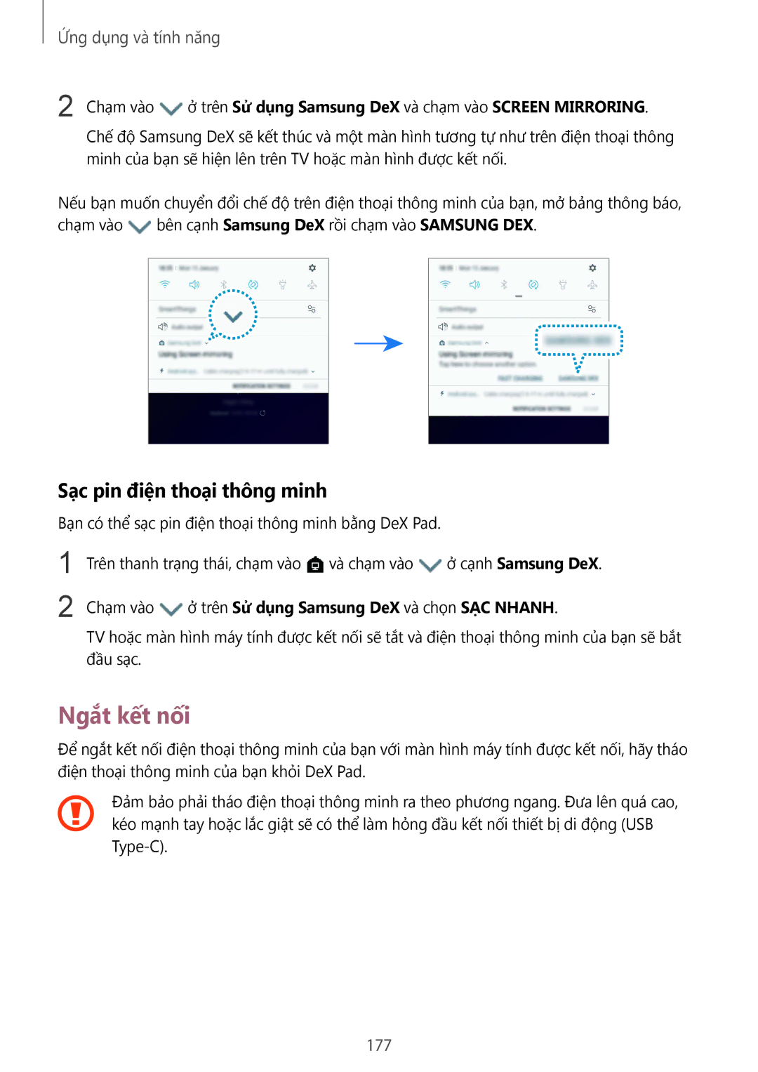 Samsung SM-G965FZKGXXV manual Ngắt kết nối, Sạc pin điện thoại thông minh, 177, Trên Sử dụng Samsung DeX và chọn SẠC Nhanh 